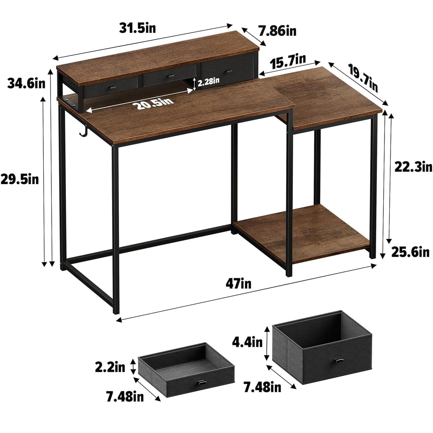 SINPAID 47 inch Computer Desk with Printer Shelf, Gaming Desk with Monitor Stand and Drawers, Reversible Home Office Desk with Storage Shelves and 2 Hooks, Home Workstation for Study Writing, Walnut