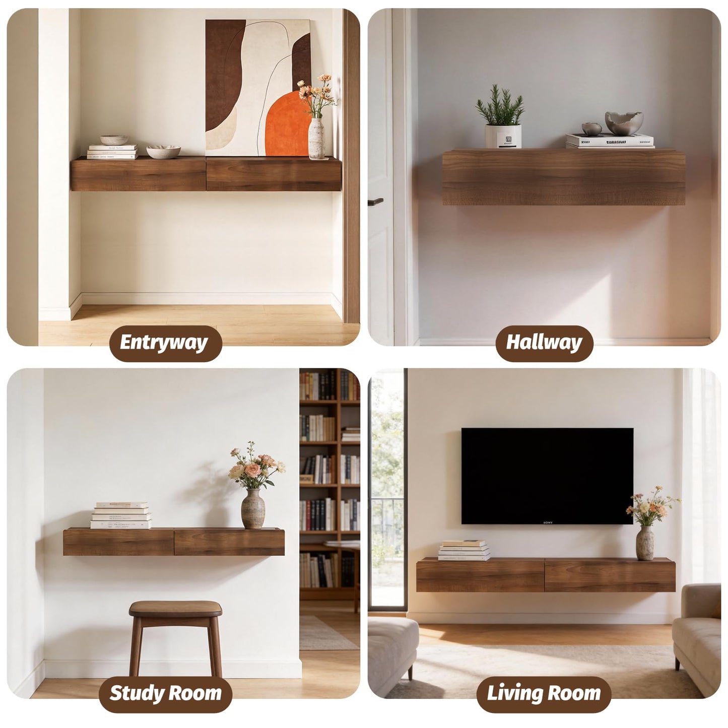 TuckTect Floating Solid Wood Console Table, 47'' Wall Mounted Narrow Entryway Table with Storage Shelf, Modern Couch Shelves Small Entry Way Tables for Entryway, Front Hall, Hallway (Walnut, 47.24IN)