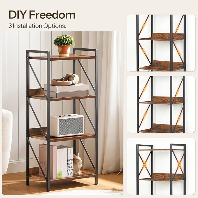 HOOBRO Bookshelf, 4-Tier Industrial Bookcase, Book Shelf Storage Organizer