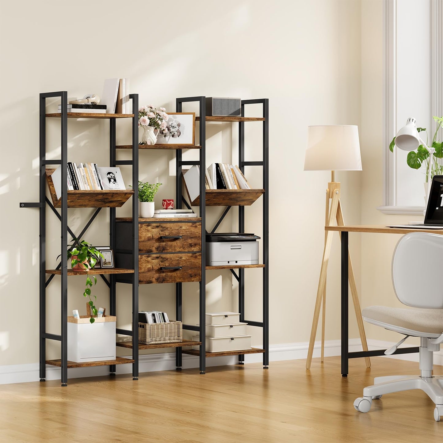 CHOEZON 3-Column Bookcase, 55.1" Bookshelf with 2 Non-Woven Fabric Drawers and V-Shaped Shelves, Display Storage Shelf for Living Room, Office, Study, Rustic Brown and Black TSJ03BF