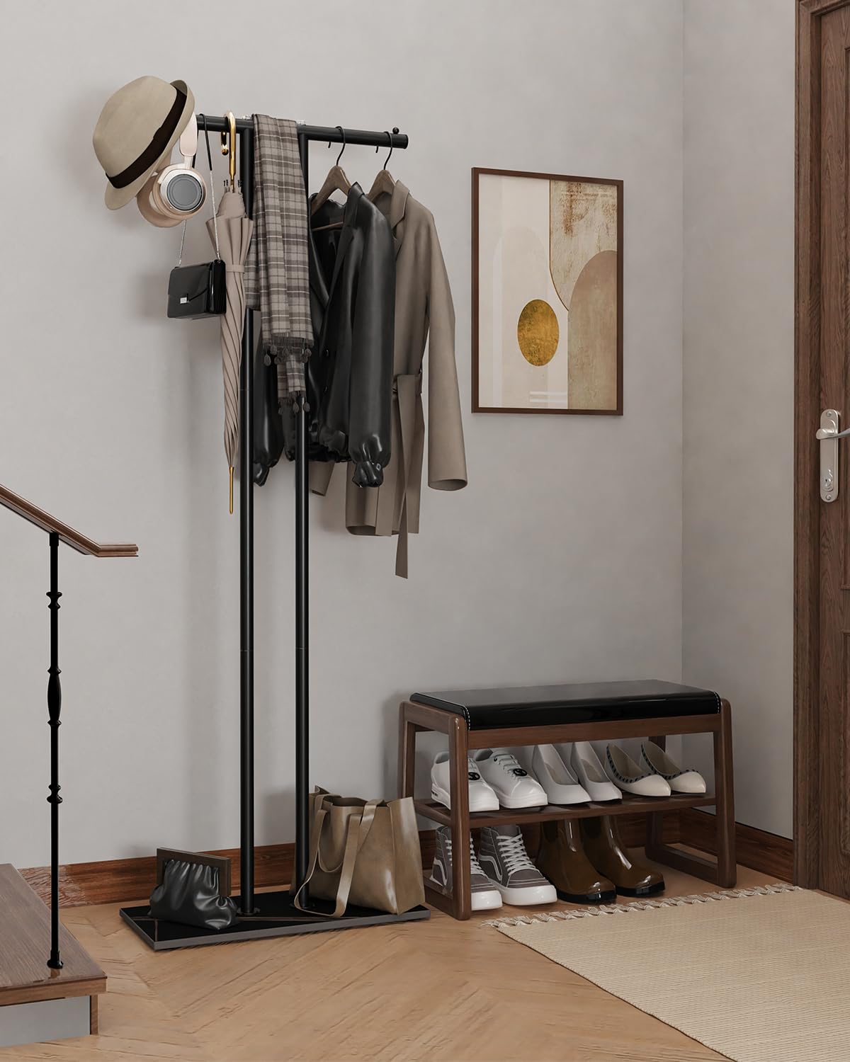 OUTBROS Large Metal Coat Rack Freestanding with Rock Base, Standing Garment Storage for Indoor - 23.6" Wide Heavy Duty Clothe Rack Metal Clothing Hanger Rack (Black)