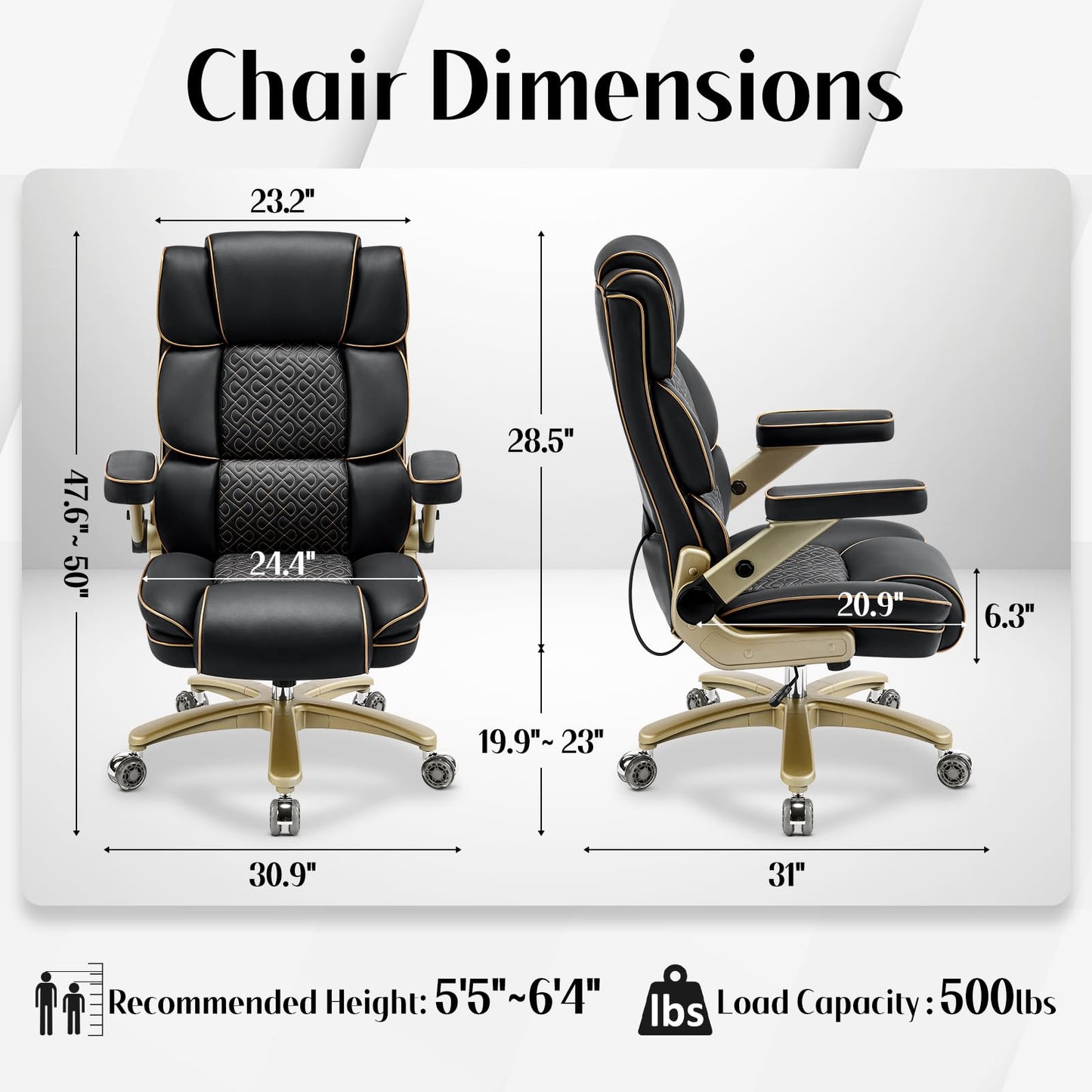 Big and Tall Office Chair 500lbs, Heavy Duty Leather Chair with 5D Armrests Comfortable Seat, High Back Executive Office Chair with Adjustable Lumbar, Large Computer Chair for Home Office, Black