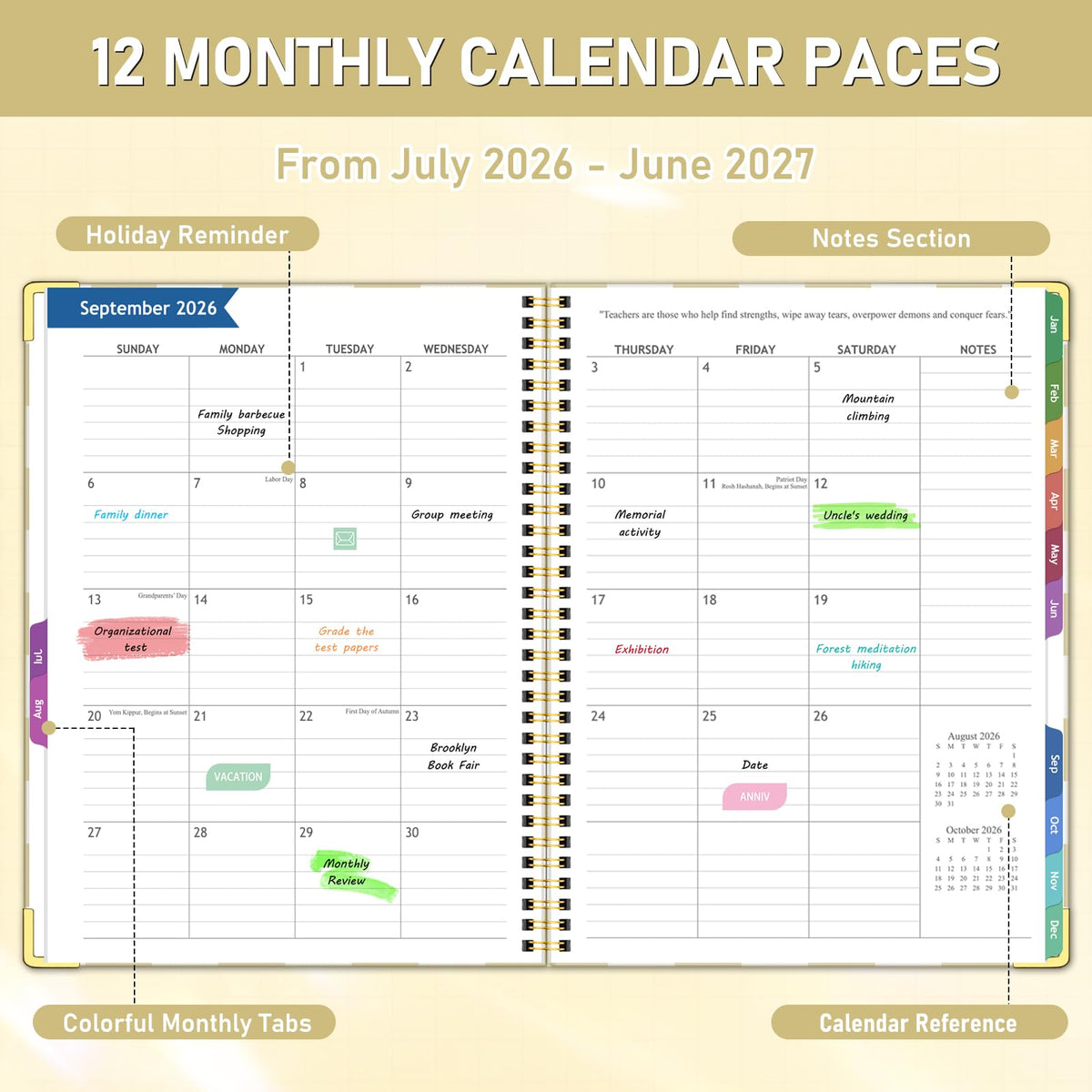 Teacher Planner 2026-2027, Jul 2026-Jun 2027 Academic Year, 8.5" x 11" Lesson Planner Book for Teacher Calendar, Spiral Bound Planners, Planning Stickers, Colorful Monthly Tabs, YellowCheckered