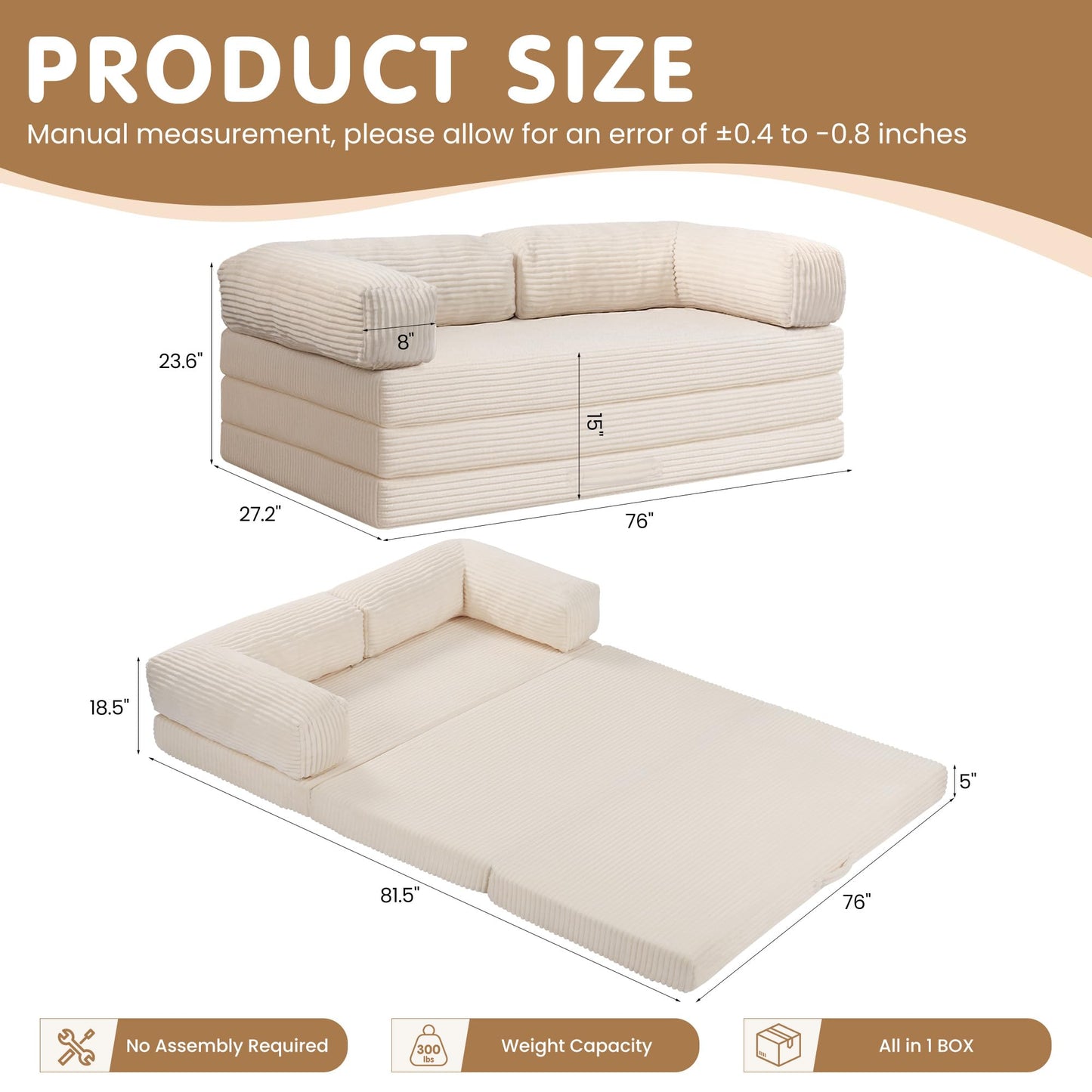 NLDD Convertible Sofa Bed King,5-in-1 Folding Boneless Couch Corduroy Futon Sofa Bed,Tri-Fold Mattress with Removable Armrests & Handle,Sleeper with Pull Out Bed for Small Space Living Room Bedroom