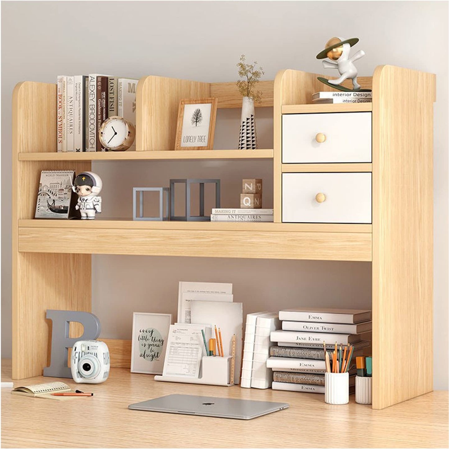 Wooden Desktop Bookcase with Drawers Small Office Desk Shelf Stand Computer Desk Bookshelf Organizer Teak+White 116x16x78cm