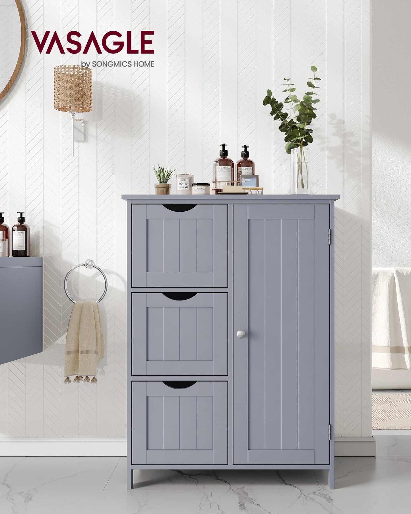 VASAGLE Floor Storage Cabinet, Freestanding Storage Unit with 3 Drawers, 1 Adjustable Shelf, for Bathroom Living Room Dining Kitchen, 11.8 x 23.6 x 31.5 Inches, Dove Gray UBBC049G02