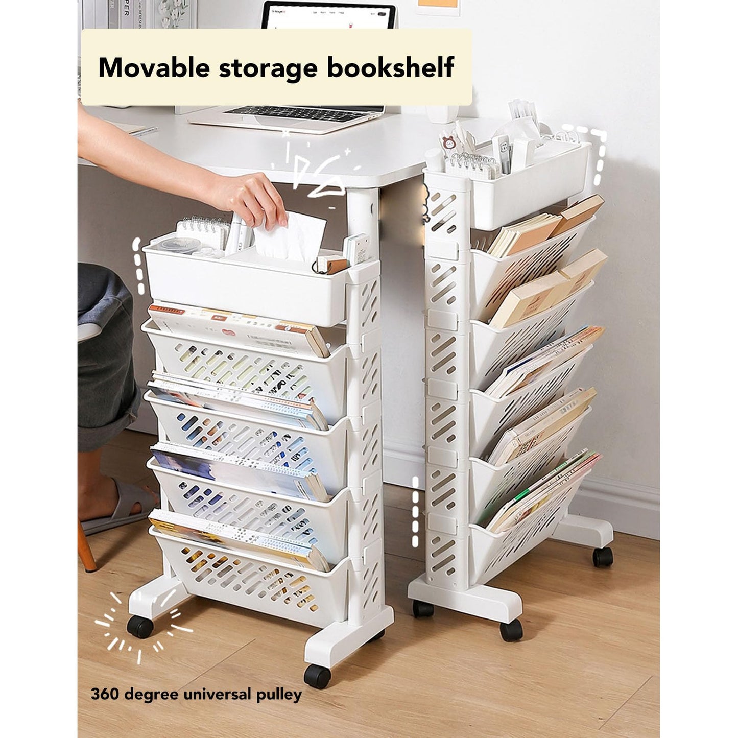 Removable Plastic Bookshelf for Home Study Room - 5 Tiers Mobile Storage Organizer Shelf With Wheels - Book Rack Cart