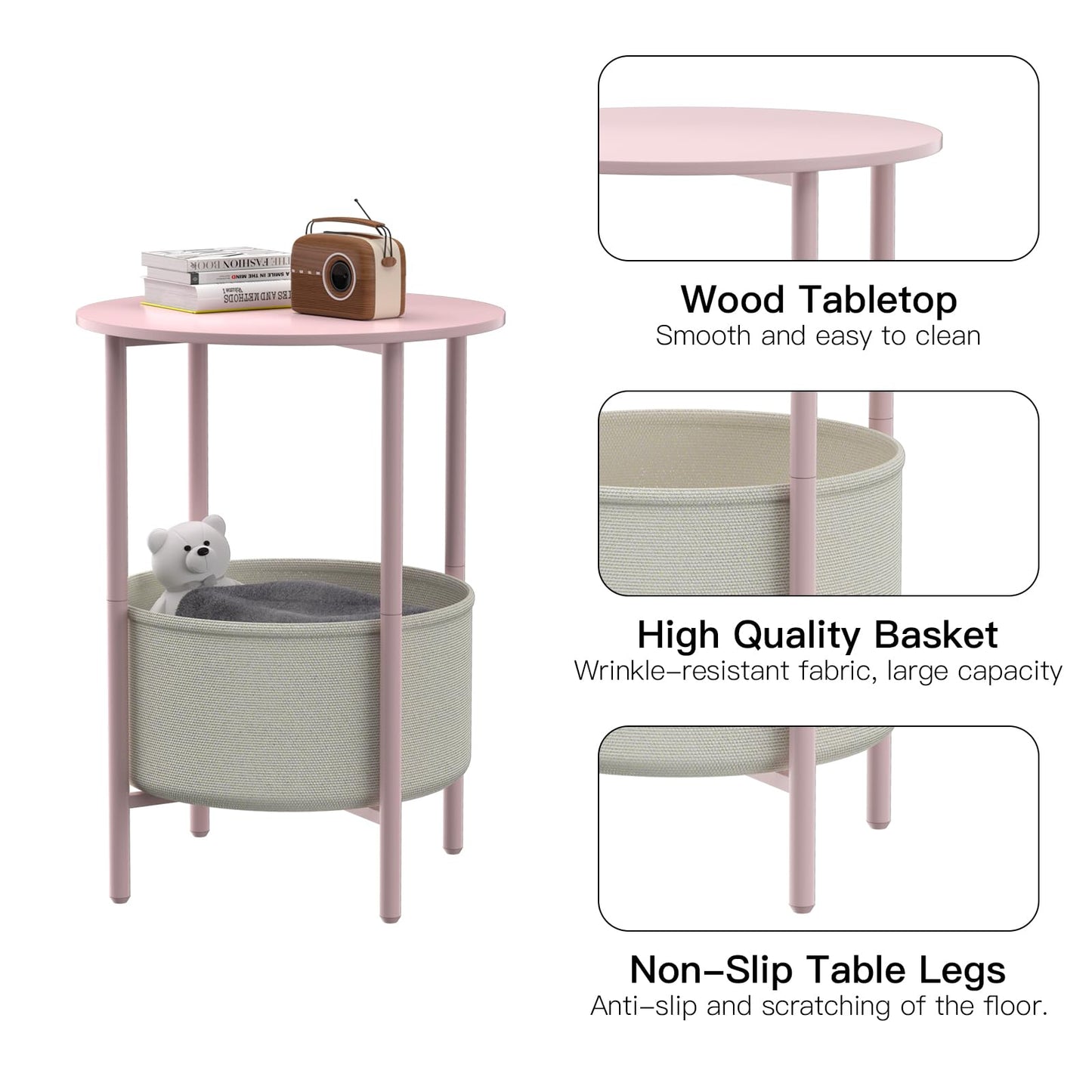 DGSANDGO Round End Table with Fabric Basket, Bedside Table with Storage, Morden Round Nightstand, Samll Side Table for Living Room，Bathroom，Bedroom, Nursery, Laundry, Pink