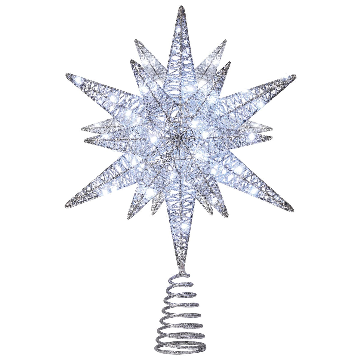 Luxspire Christmas Tree Topper, 3D Lighted Star Tree Topper with USB Plug-in & Remote Control, 9.6" Christmas Tree Star Lights for Home Holiday Decor, 6H Timer & 8 Lighting Modes, Silver