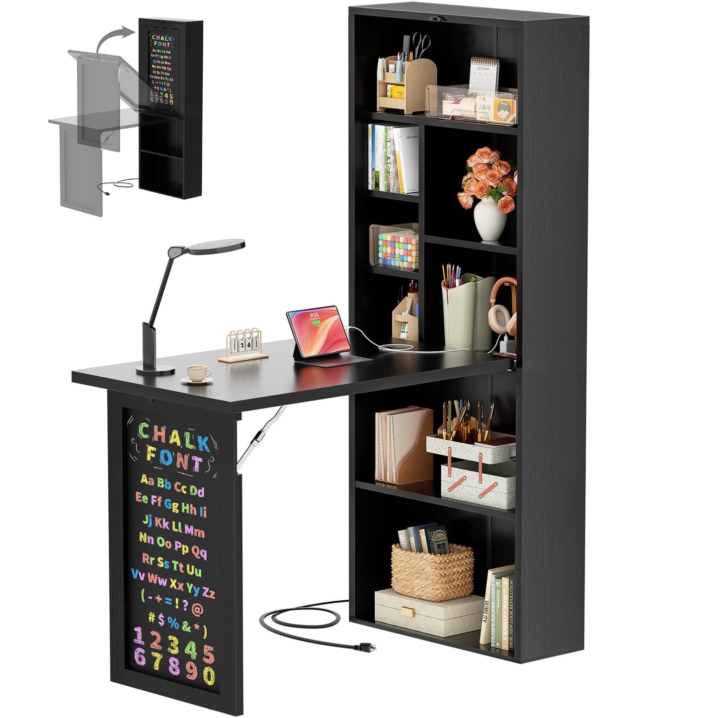Armocity Small Folding Desk with Outlets, Convertible Writing Desk for Small Spaces/Home Office/Craft Room, Multi-Function Desk Workstation with Blackboard, Fold-Out Cabinet Table, Black