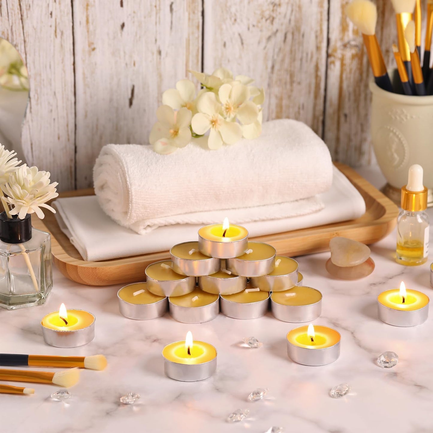24 Packs Beeswax Tealight Candles, Pure Beeswax Candles Tea Lights Candle, Natural Organic Tealights Unscented Smokeless Clean Burning with 4 Hour Burn Time