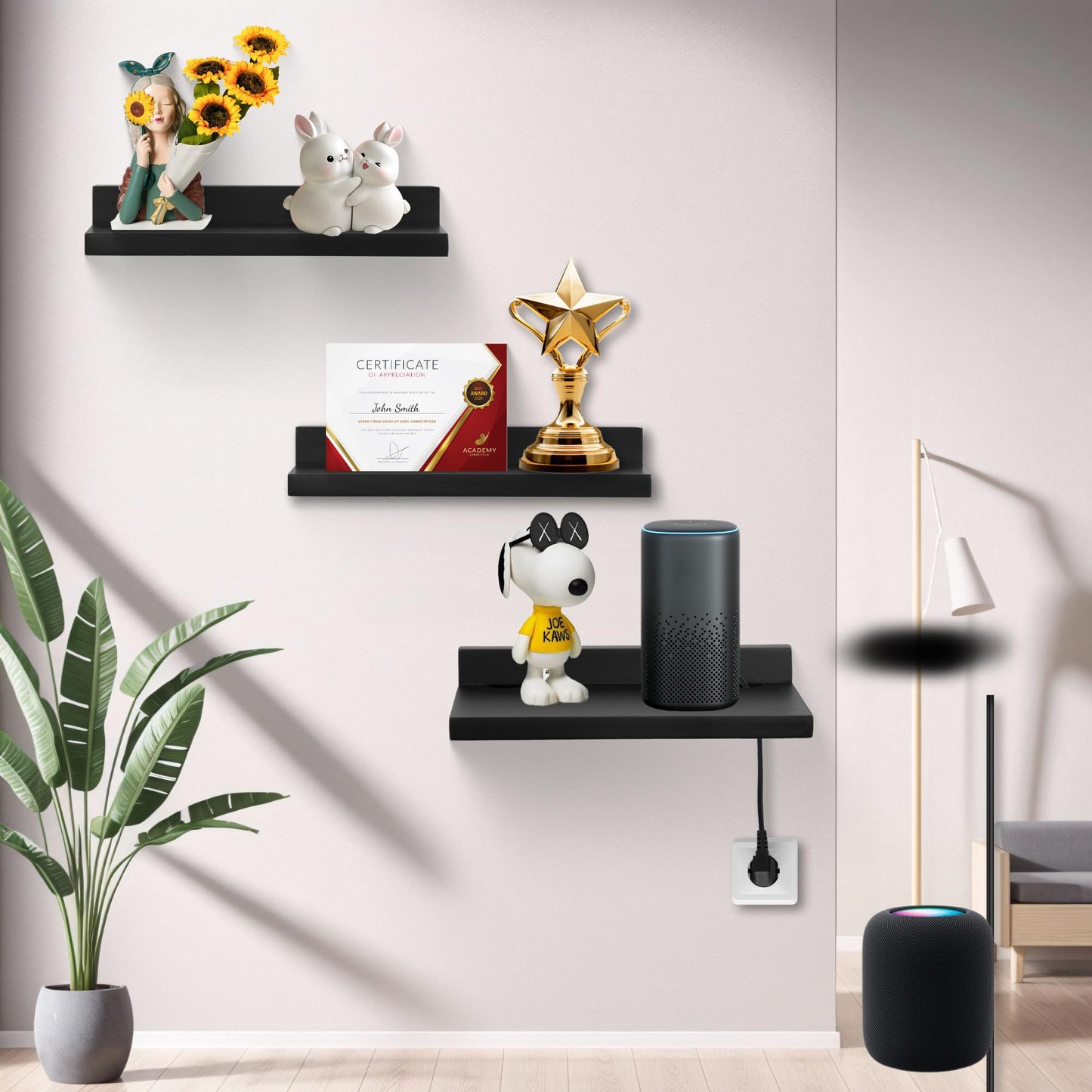 FURAOMEILI Small Floating Shelf for Wall,9X5 Inch Wall Mounted Shelf with Cord Hole,Small Display Shelves for Cameras, Webcam, Router,Smart Speaker,Action Figures-2 Pcs(Black