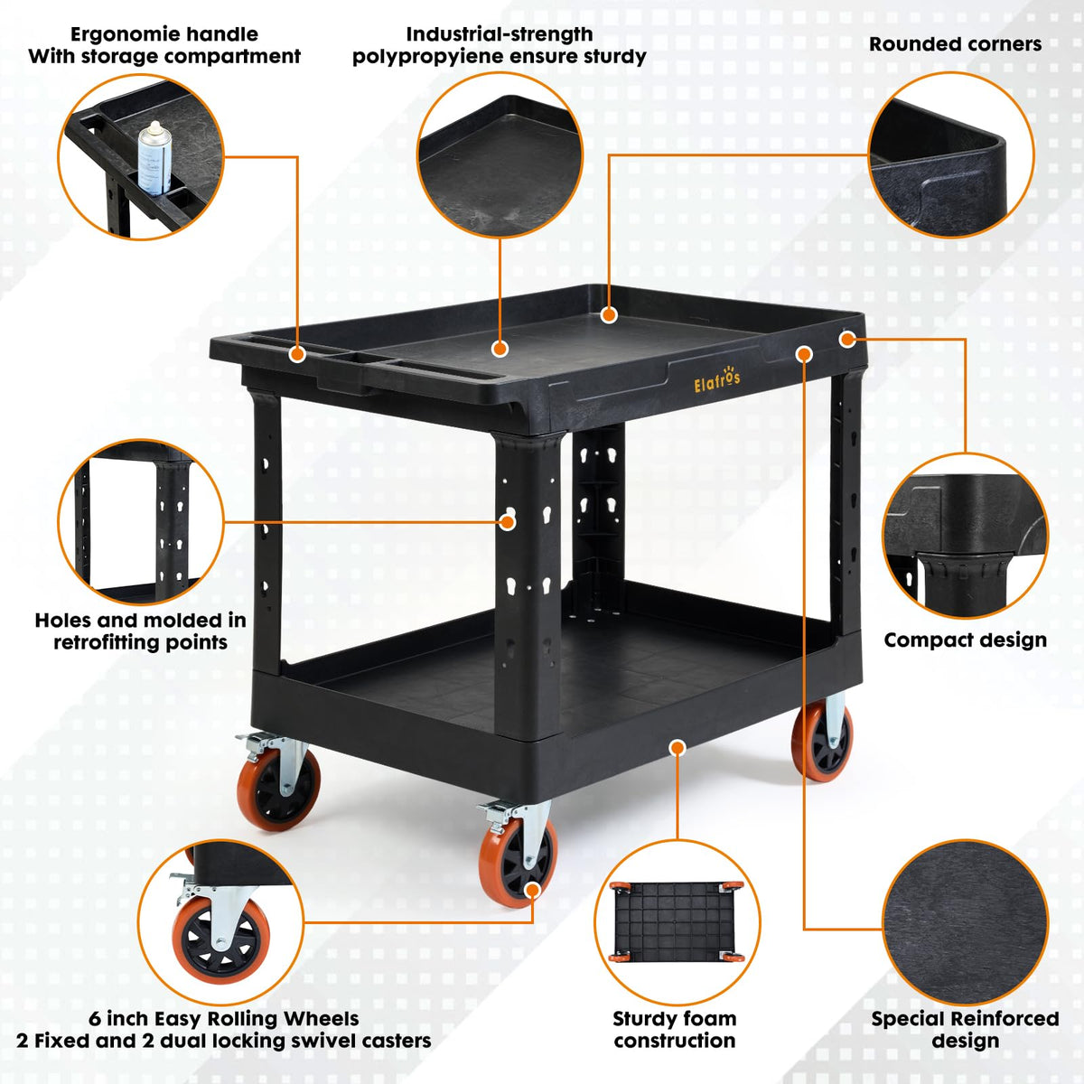 ELAFROS Extra Large Heavy Duty Utility Cart 39.9 x 24.6 Inch - Work Cart Big 2-Tier Plastic Rolling Service Cart with Deep Shelves, 6 Inch Casters, 550 lbs Capacity, Black