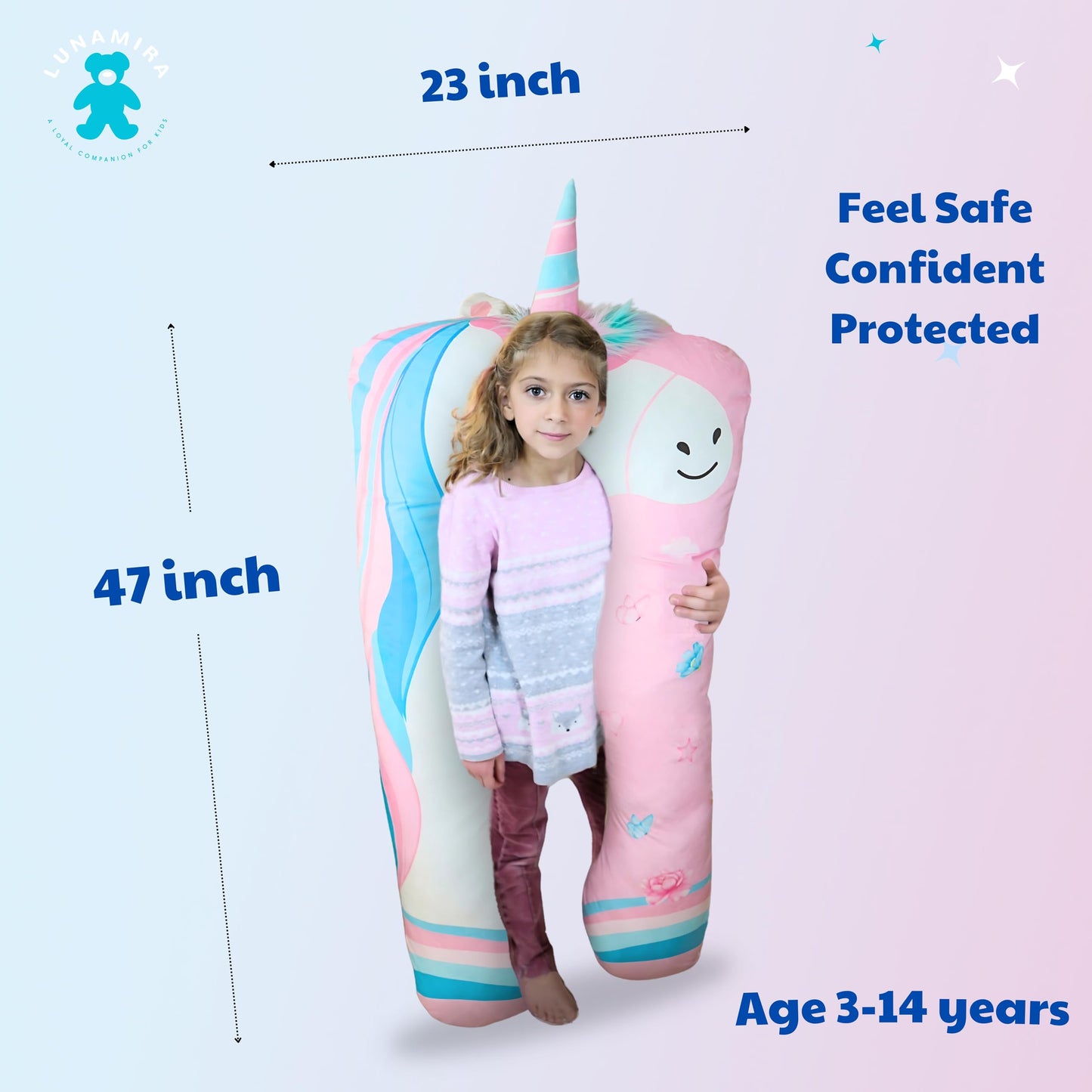 LUNAMIRA Unicorn Kids Body Pillow - 47" U-Shape Long Plush Soft Animal Pillow for Sleeping, Reading, ADHD & Special Needs Comfort, Anxiety, Washable Cover, Snuggle Cuddle for Boys & Girls