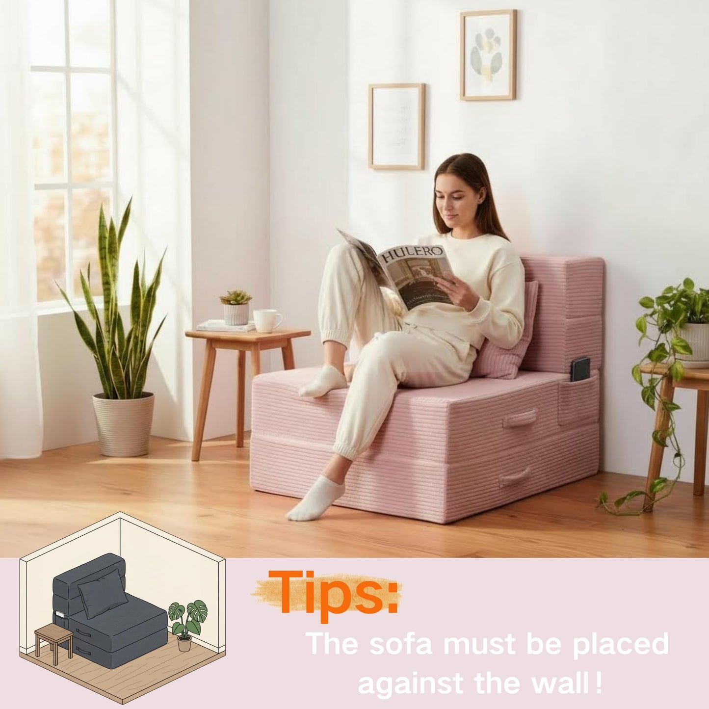 HILERO Folding Sofa Bed, 4 in 1 Convertible Sleeper Chair with Pillow, Single Memory Foam Fold Out Chair Bed, Modern Floor Futon Sofa Couch Mattress for Living Room/Guest/Apartment, Pink