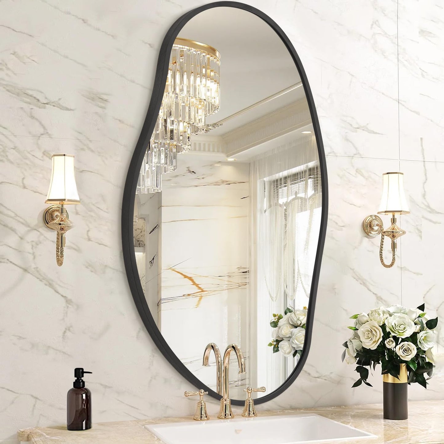 HLFMVWE Irregular Wall Mirror, Black Wall Mirrors Decorative 30"x18" Asymmetrical Bathroom Mirrors Aluminum Alloy Frame for Bedroom, Living Room, Cloakroom, Entryway Large