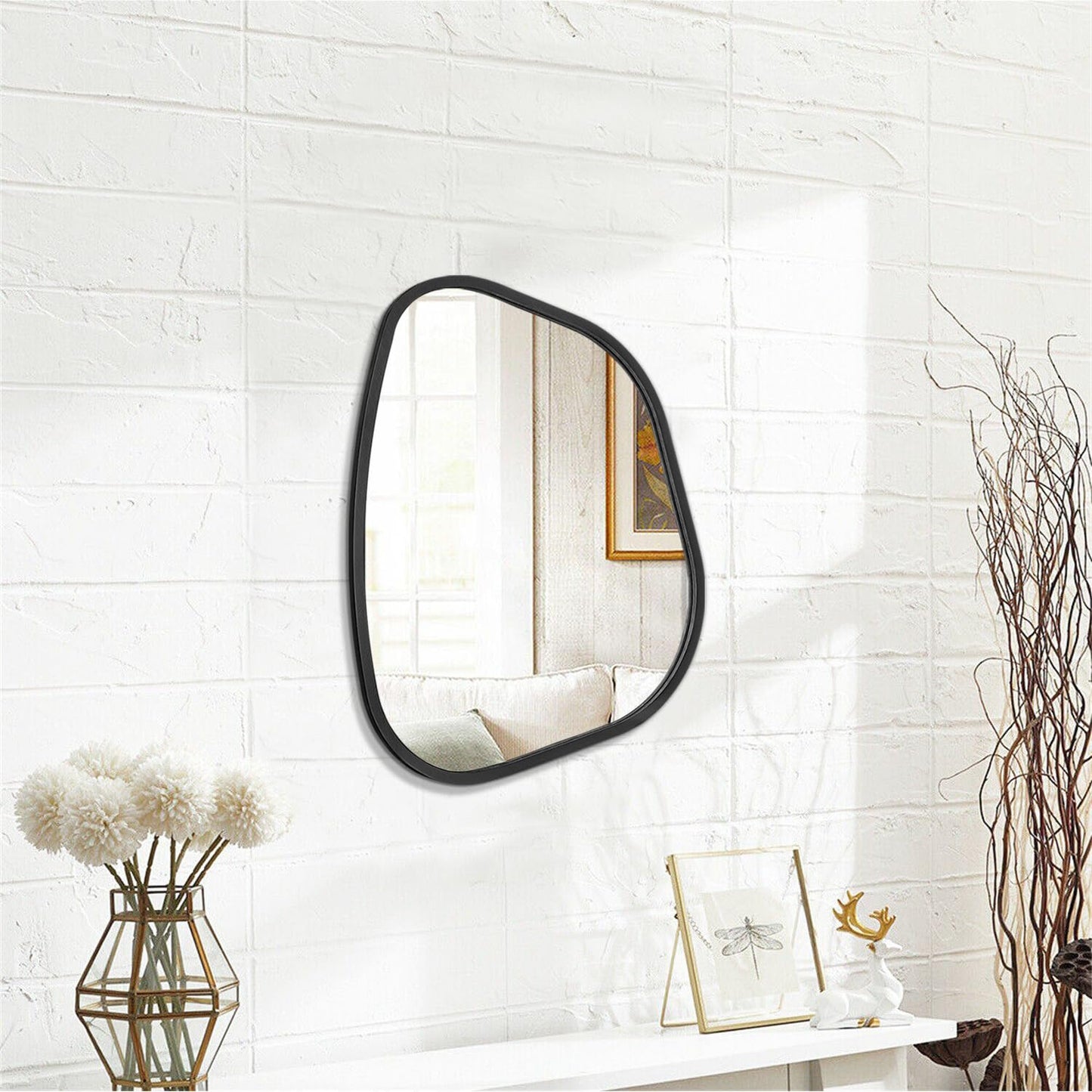 HLFMVWE Irregular Wooden Framed Wall Mirror Modern Asymmetrical Unique Hanging Mirror Artistic Boho Mirror Decor Bathroom Vanity Bedroom Living Room Entryway Hallway 14'' x 10''