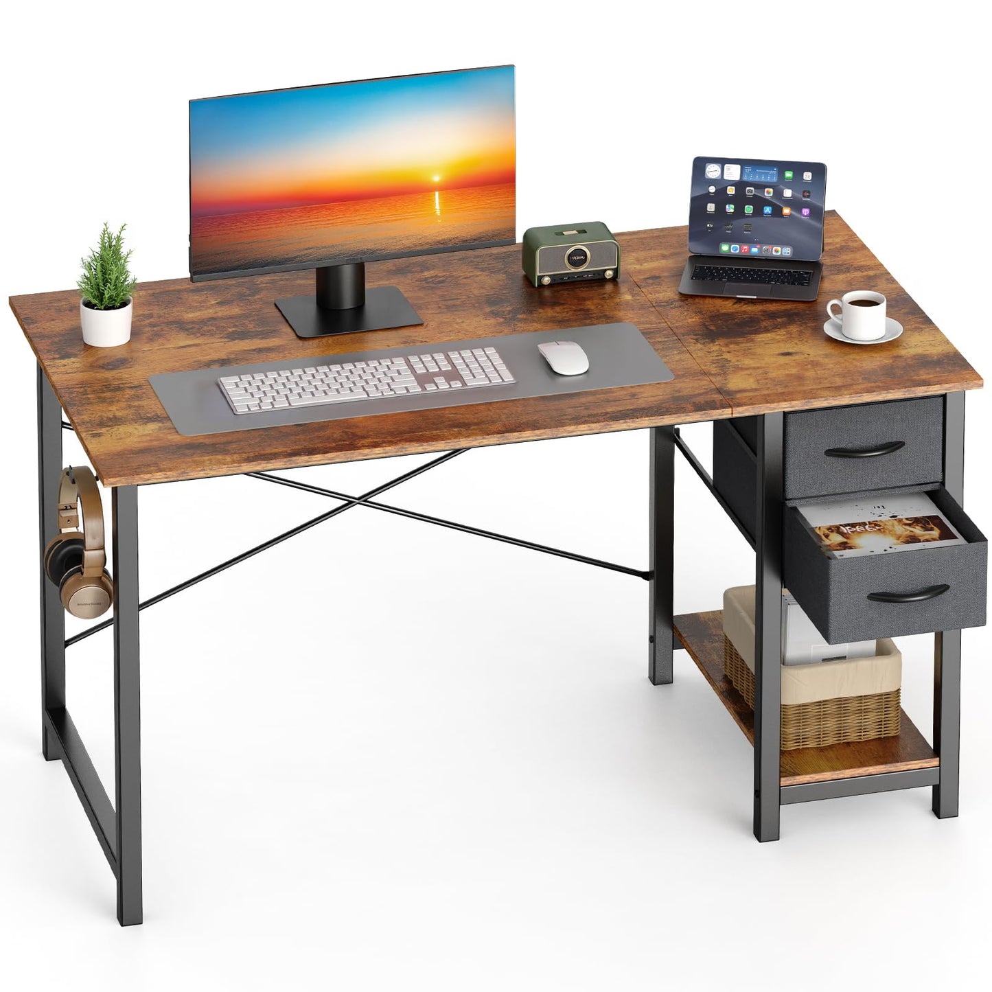 Sweetcrispy 40 Inch Computer Desk with Drawers for Home Office Writing Desk X Shaped Reinforcement Wood Surface Adjustable Position Modern Study Work Side Hook Metal Frame Storage Station Rust