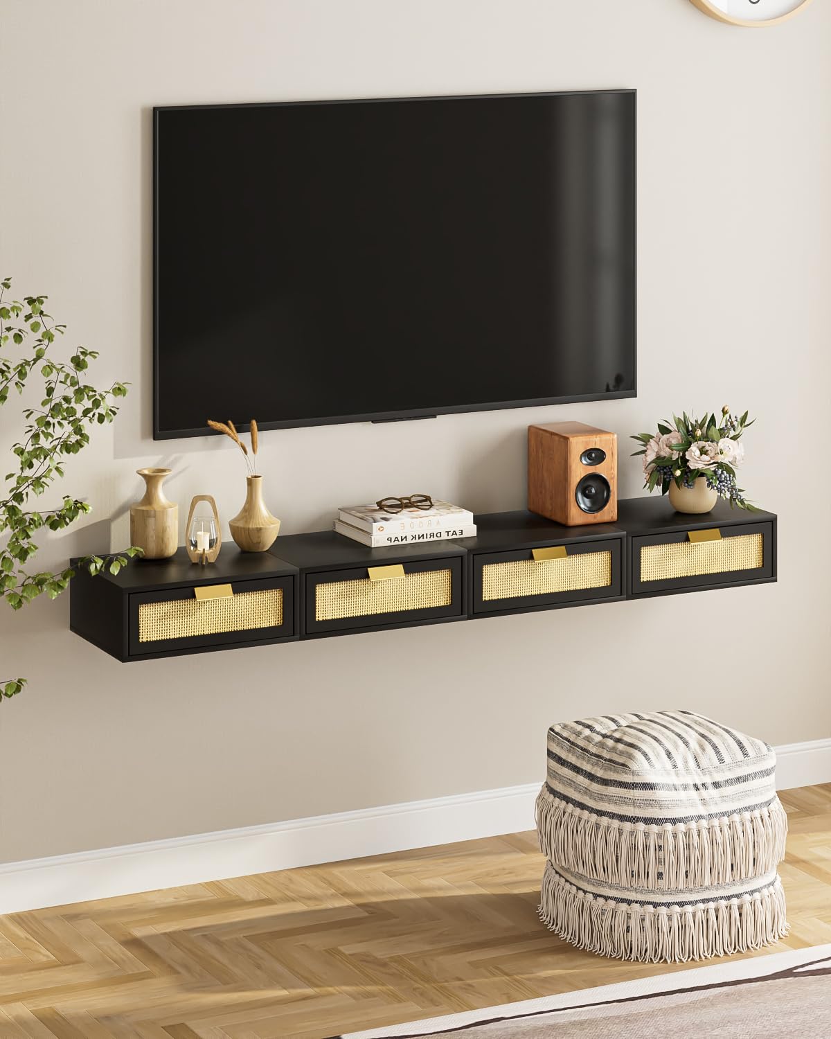Aienvey Floating Nightstand, Floating Shelf with Drawer, Wall Mounted Nightstand, Floating Bedside Table (Black Rattan)