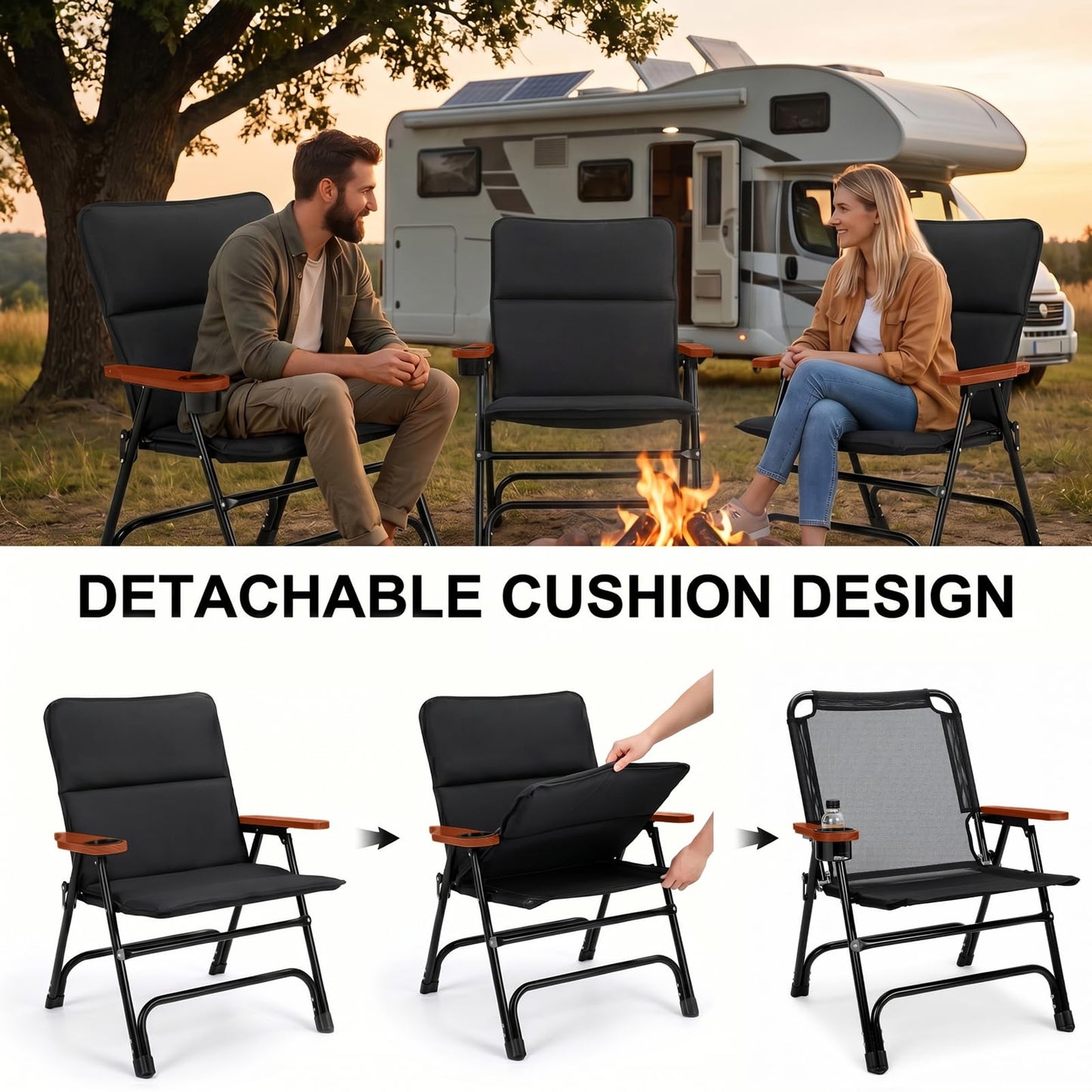 Padded Oversized Folding Camping Chair for Adults, Removable Cotton Pad Lawn Chair with Wooden Hard Armrests and Cup Holders, Portable Collapsible Quad Chair for Outside, Support up to 400lbs, Black