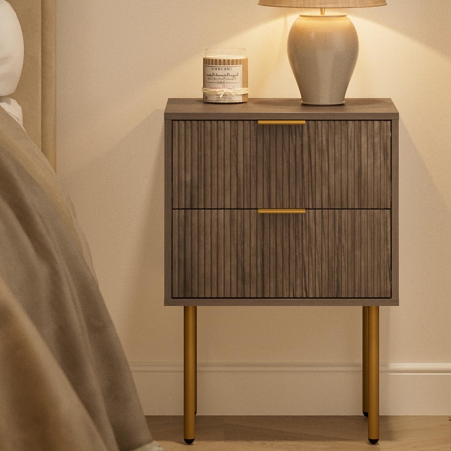 Masupu Night Stand,Mid-Century Modern Bedside Table with 2 Storage Drawer,Small Gold Frame Side End Table for Bedroom,Living Room, Grey