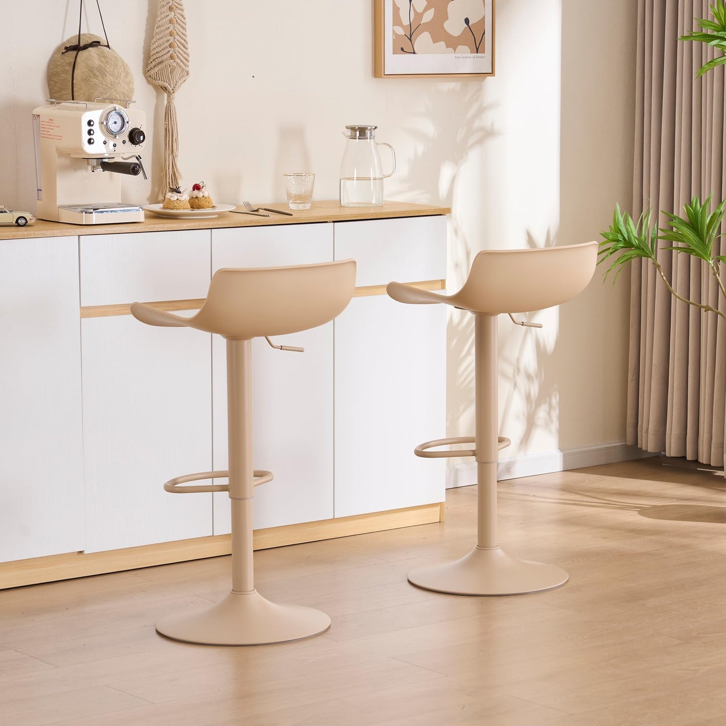 YOUNIKE Adjustable Height Bar Stools Set of 2 Plastic Swivel Barstool with Low Back Modern Kitchen Counter Island Bar Chairs for Breakfast Nook Cafe Bars Light Khaki