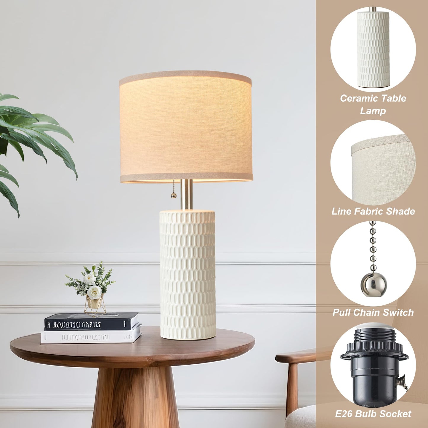 Reaketon 20.5" Modern Ceramic Table Lamps for Bedroom Set of 2, Bedside Lamps for Night Stands with Beige Lampshade, Farmhouse Table Lamp for Living Room Office Dorm, White