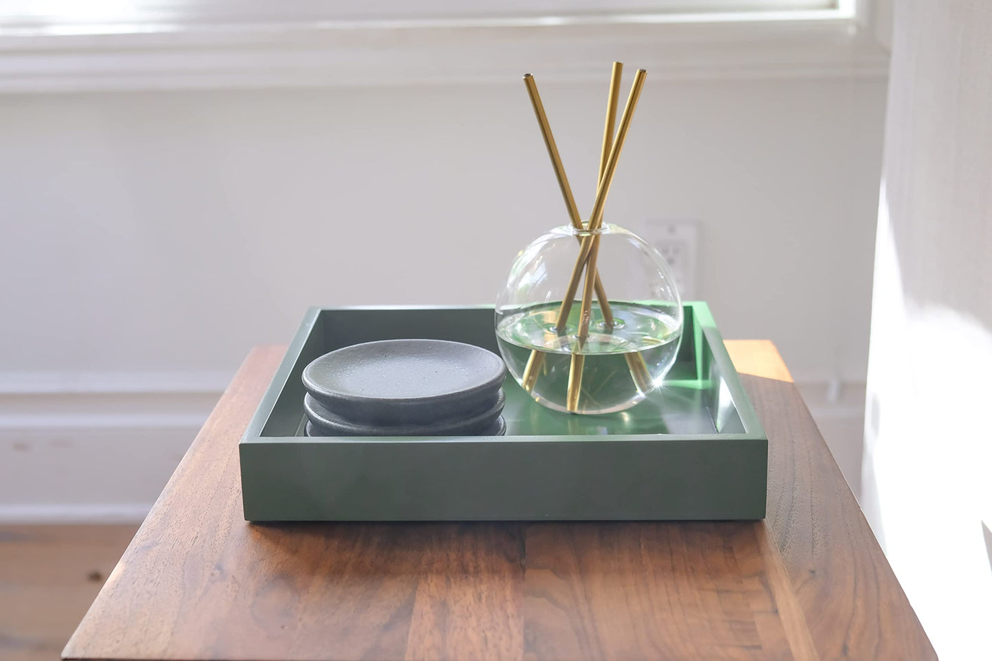 Montecito Home - 10"x10" Small Square Wood Decorative Tray for Office, Ottoman, Bathroom, Entry, Remote Controls, Countertop Organizer, Candle Tray - Loden Green