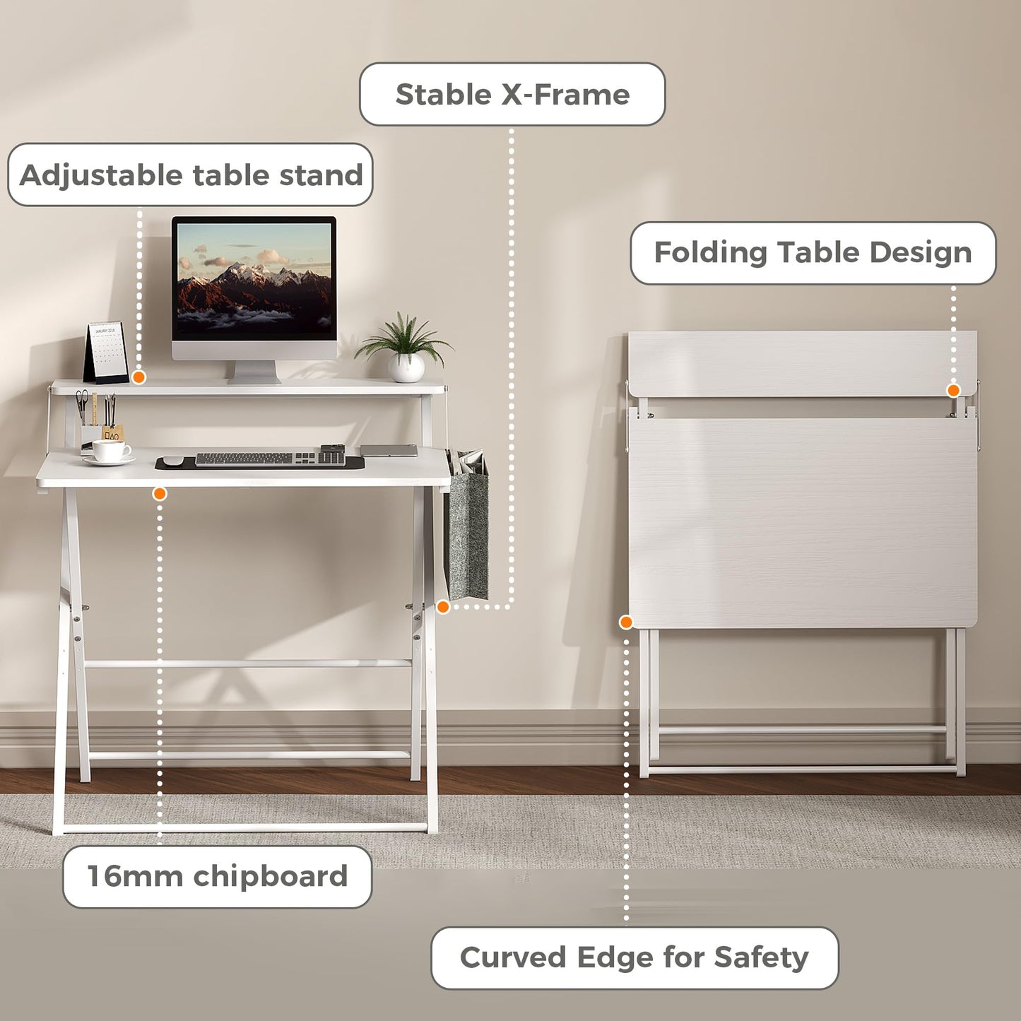 Small Desk No Assembly,31.5Inch 2-Tier Compact Computer Desk with Shelf & Side Pocket,Space Saving Foldable Table for Home Office, Bedroom or Apartment,Portable Collapsible Sturdy Laptop Desk,White