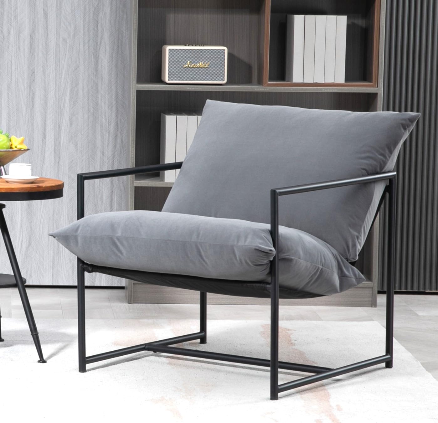 Container Furniture Direct Serenity Accent, Modern Velvet Arm Chair with Reclined Seat, Sleek Design, Durable Metal Frame, Soft Upholstery and Plush Comfort for Stylish Living Room, Grey
