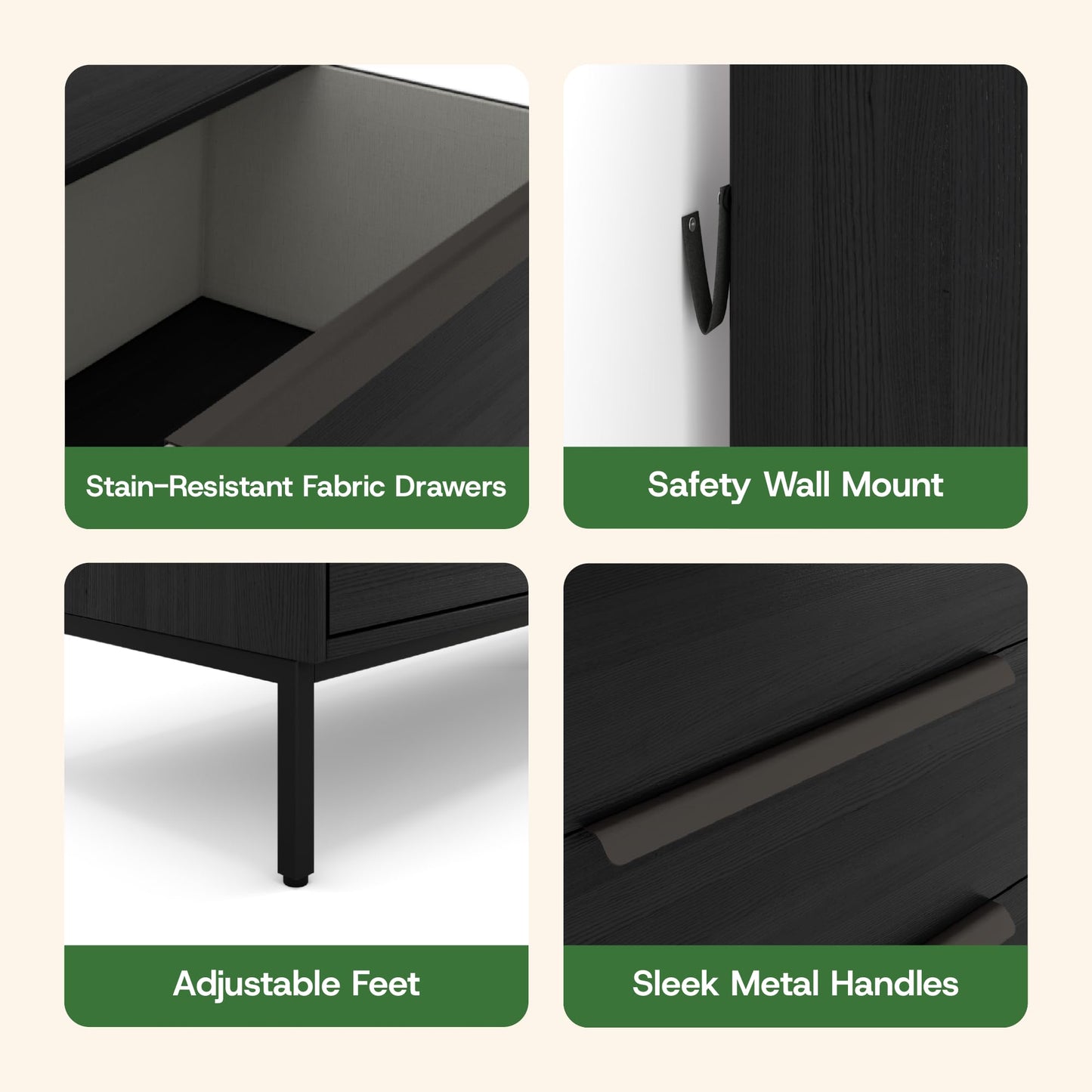 tinge Lira Premium 4 Drawer Fabric Dresser - Engineered Wood Frame Chest of Drawers for Bedroom - Strong & Sag-Proof Clothing Organizer with Sleek Metal Handles (Black)