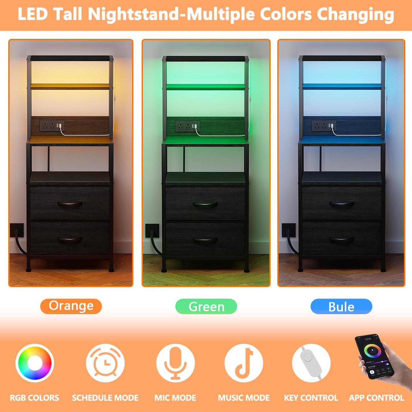 Furnulem Night Stand, Tall Nightstand with 4-Tier Shelves, 2 Fabric Drawers and Led Lights, Bed Side Tables with Charging Station, Bedside Table for Bedroom, Office, Black Oak