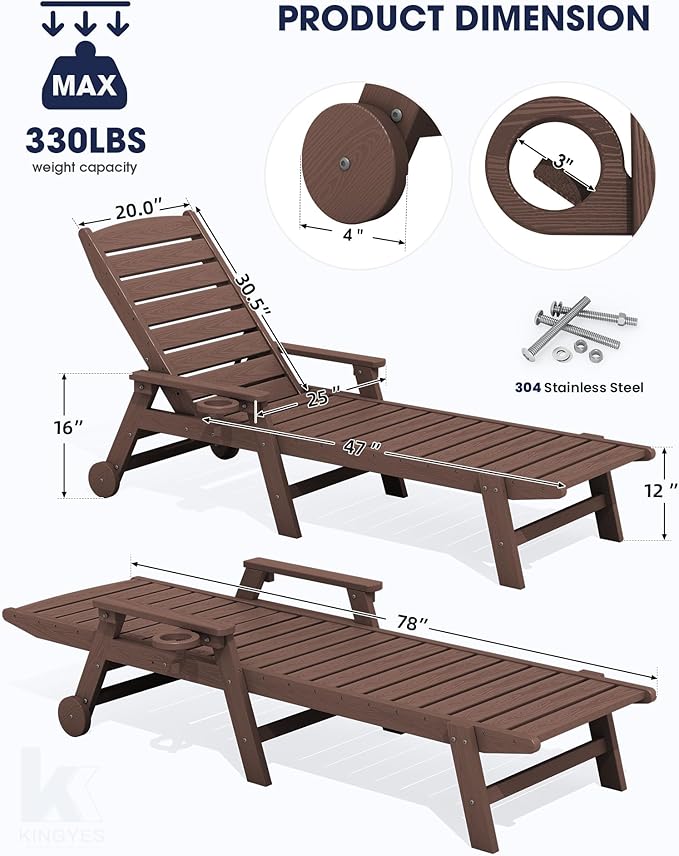 KINGYES HDPE Lounge Chair Outdoor, Patio Chaise Lounge Recliner
