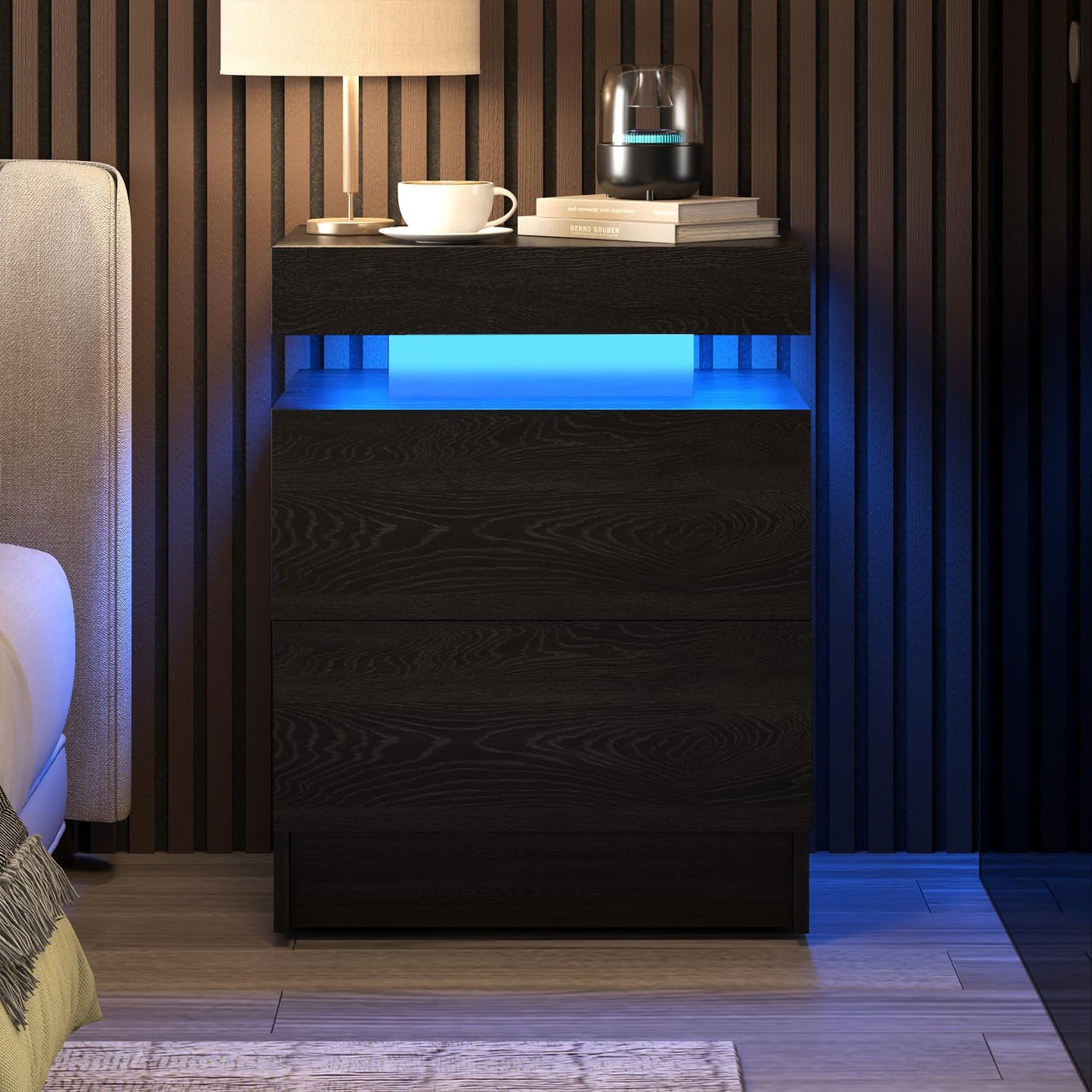 SMORBOSS LED Nightstands Set of 2, Modern Black Night Stand End Tables with APP & Remote Control LED Lighting, 2 Drawers, Open Shelf Storage, Bedside Tables for Bedroom and Living Room