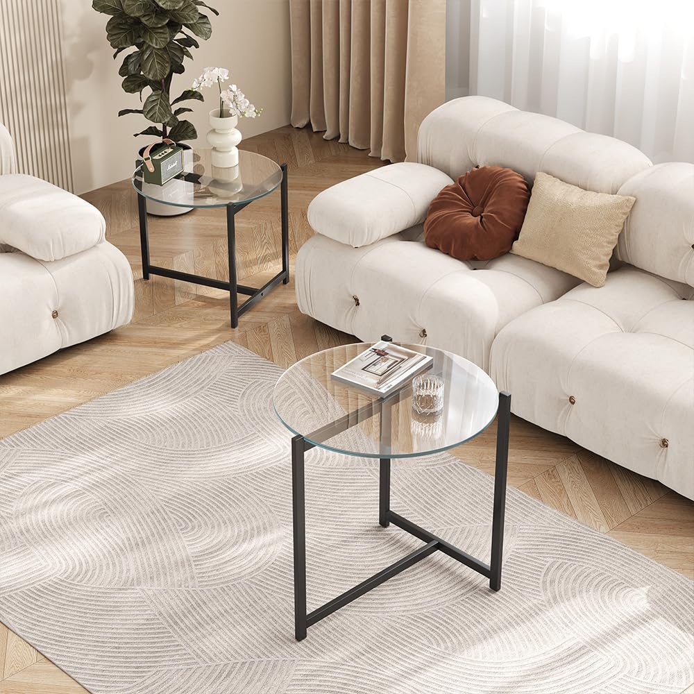 Cuizehua 16 Inch Round Glass Coffee Table, Tempered Clear Glass Top with Sturdy Black Metal Frame, Easy Assembly Modern Side Table/End Table for Living Room, Bedroom, Office
