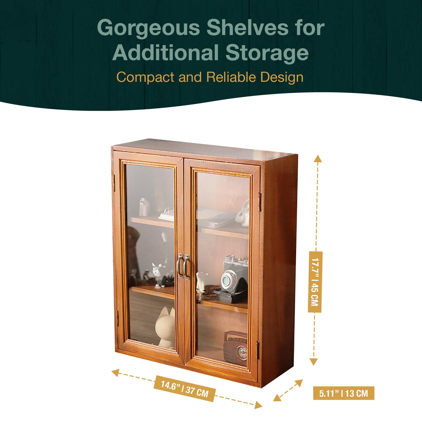Woodaholic Storage Display Cabinet with Clear Display Doors - Pantry Storage Cupboard - 3-Level Cover with 2 Metal Handles - Rustic Mini Kitchen Cupboard, Mahogany Wood