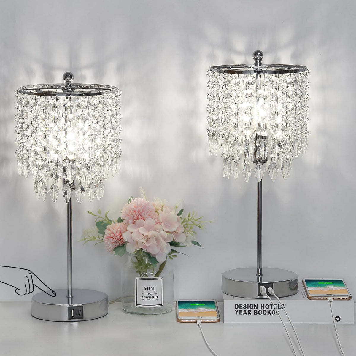 Boncoo Crystal Table Lamp Set of 2 Touch Control, Crystal Lamps with USB Ports Elegant Shade Bedside Lamp Silver, Dimmable Touch Table Lamp for Nightstand Bedroom Living Room, 4W LED Bulb Included