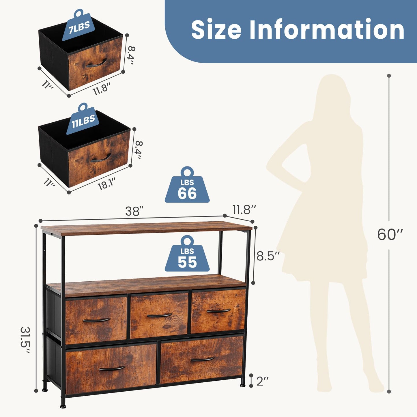 DUMOS TV Stand, Dresser with 5 Fabric Storage Drawers, Media Console Featuring Open Shelf for TV, Compact Entertainment Unit for Bedroom, Living Space, or Dorm Organization, Brown