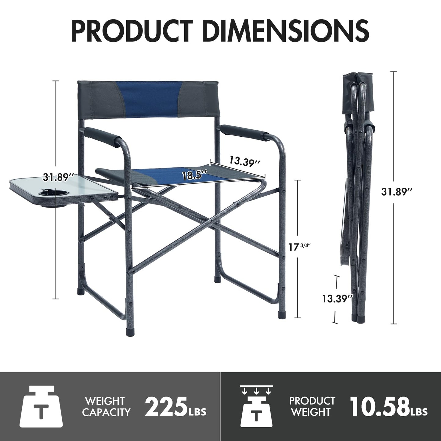 Portal Directors Chair for Adults with Side Table, Folding Camping Chairs Heavy Duty 225LBS, Portable Lawn Chairs with Cup Holder for Outdoor, Beach, Travel, Blue/Grey