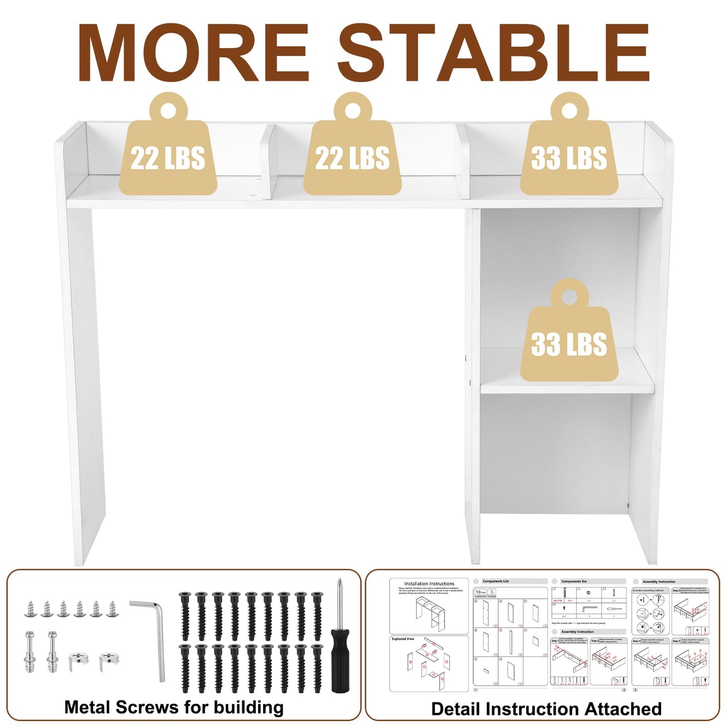Briwooody Dorm Desk Bookshelf Desk Hutch Organizer with 5 Shelves and 3 Tier Desktop Hutch Storage Organizer for College Dorm Home Office Supply, 32.5 x 23.5 x 8 Inch(White)