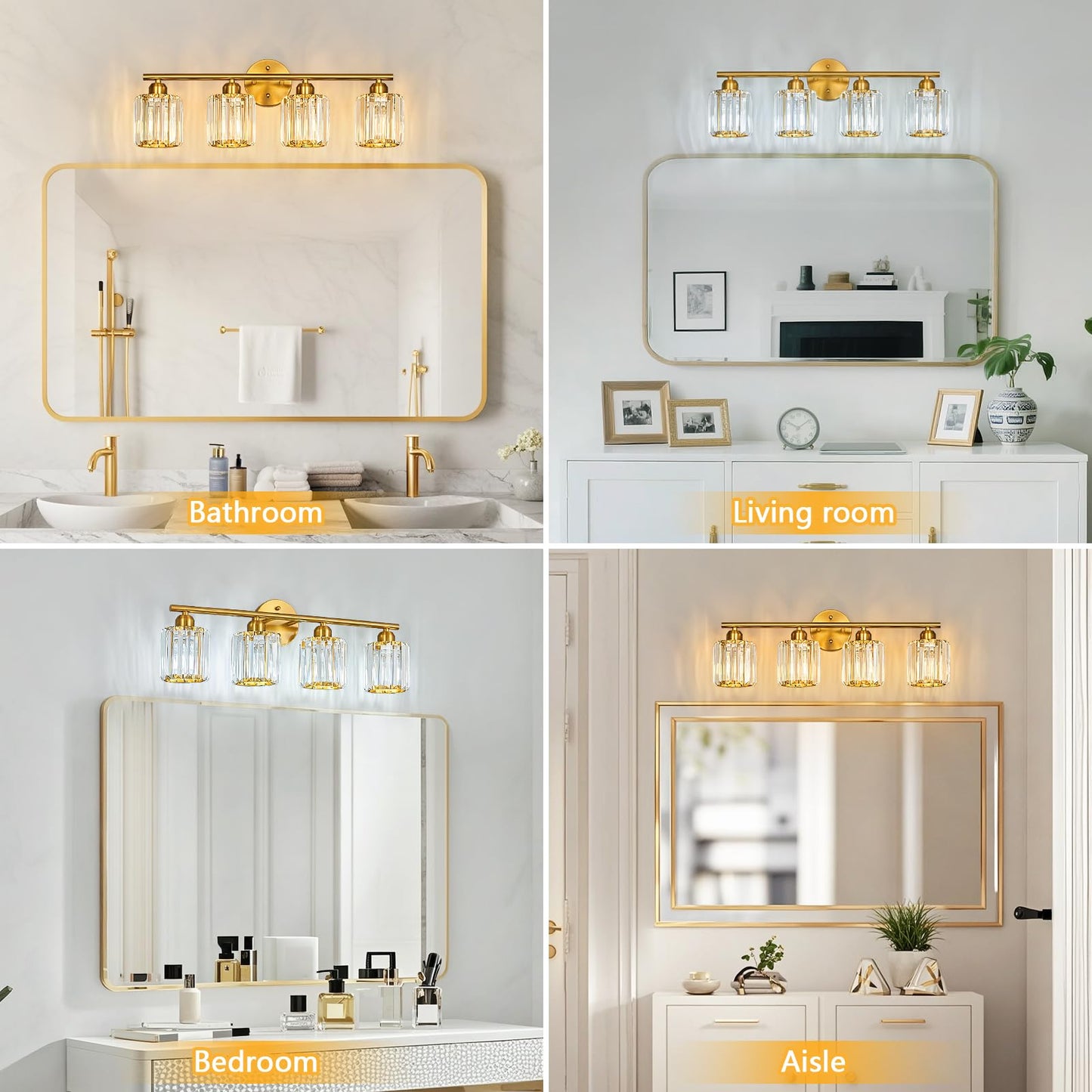 FDPBY Modern 4 Light Crystal Vanity Light, Brushed Gold Vertical Bathroom Light Fixture Over Mirror for Dressing Table Sink, Compatible with Dimmable Bulbs (Bulbs Not Included)