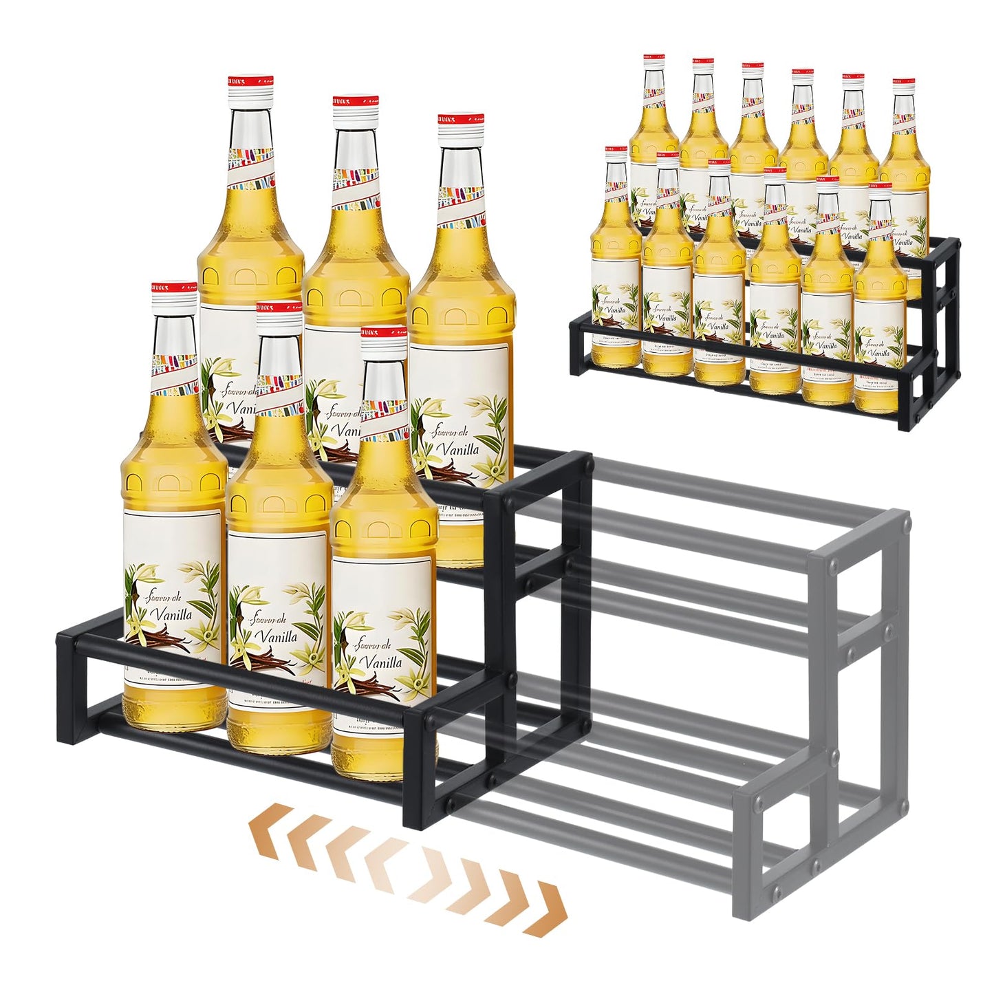 MegoSage Expandable Coffee Syrup Organizer – Adjustable 12.6"–22.8" Metal Liquor Bottle Display Shelf, Heavy Duty Coffee Bar Storage, Tabletop Wine Racks for Cafe, Home Bar, Kitchen (Black)
