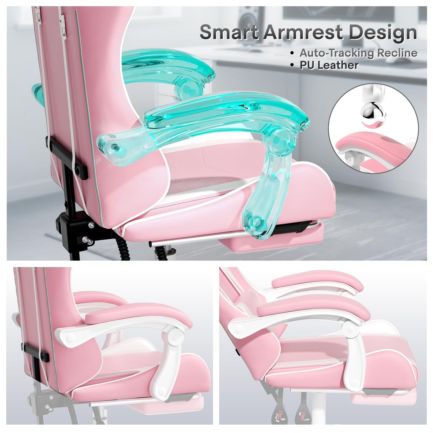 Athena Collection Gaming Chair, Ergonomic Gaming Chair with Footrest & Headrest Lumbar Support, Height Adjustable Swivel Computer Chair Office Chair for Adults (Pink)