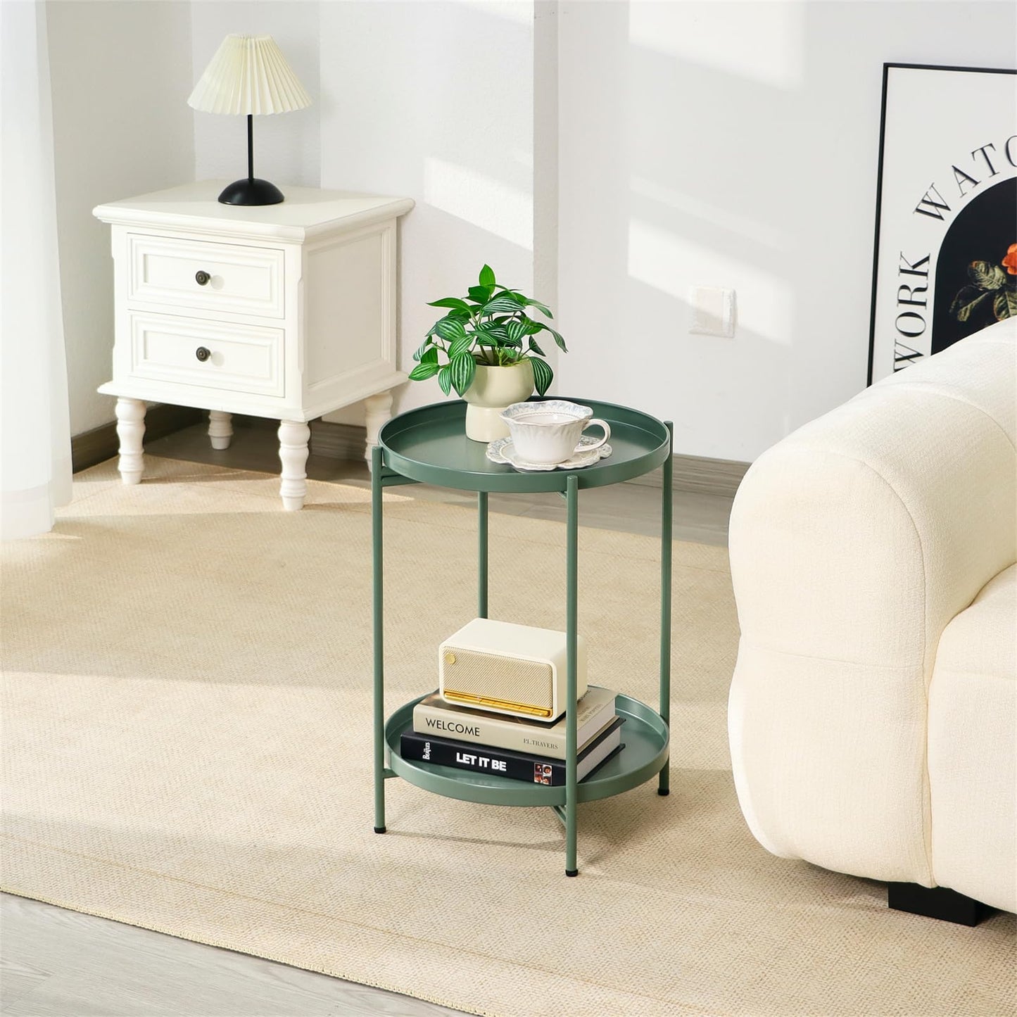 Mordchil HF 2-Tier Round End Side Table, Small Metal Side Table with Removable Tray, Folding Accent Tables for Living Room, Balcony, Nightstand for Bedroom, Outdoor Tables for Patio, Sage Green