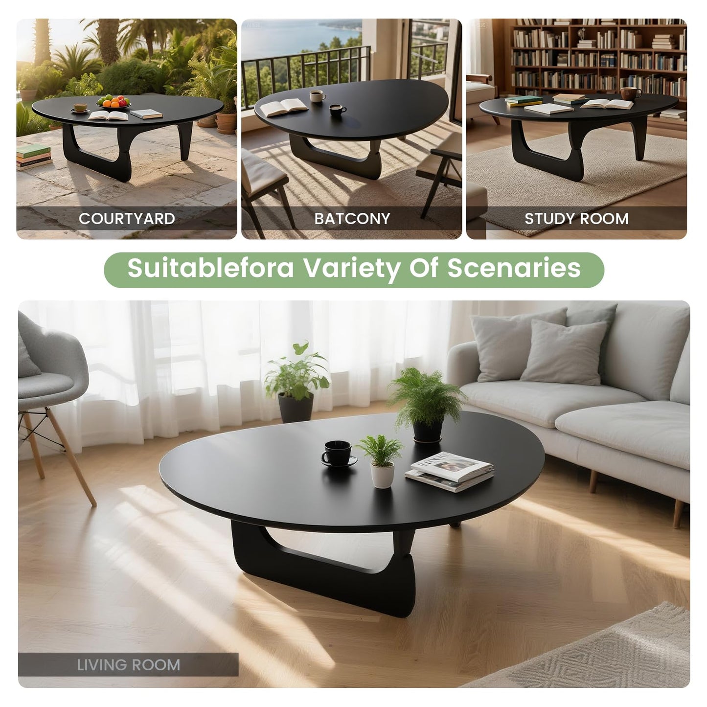 Solid Wood Triangle Coffee Table,Unique Mid Century Modern Oval Coffee Table,Irregular Geometric Tea Tables for Home Living Room with Wooden Tabletop and Reinforced (Black2, 43" L x 31" W x 16" H)
