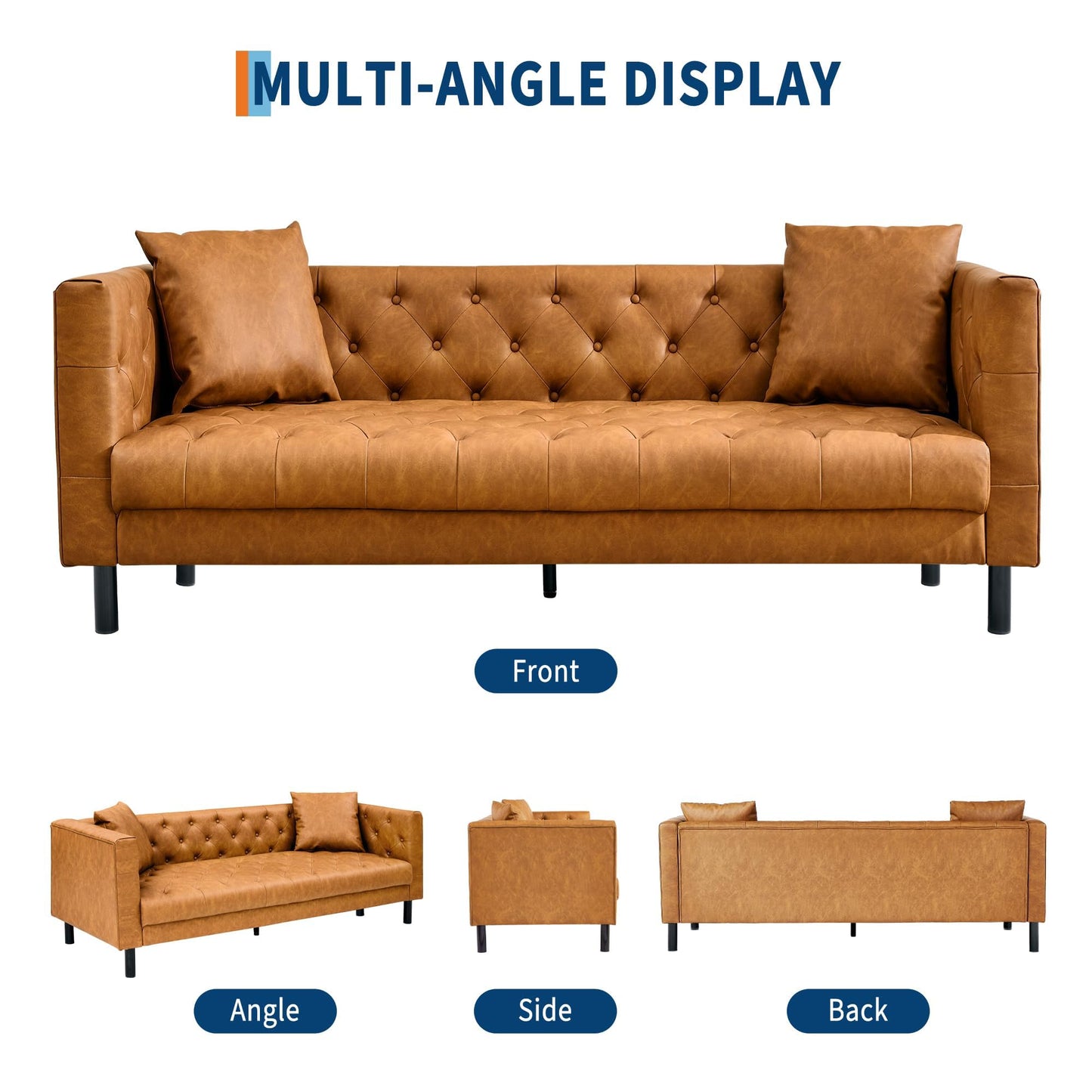 GarveeLife 81" Mid Century Modern Leather Sofa, 3 Seater Chesterfield Couch with Button Tufted Back & Deep Seat, Living Room Sofa for Apartment or Office, Orange