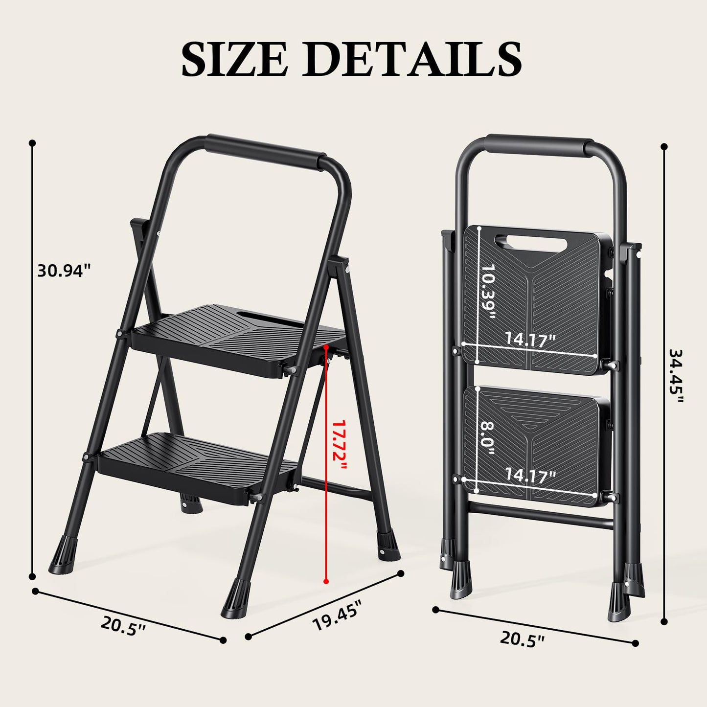 Urackify 2 Step Ladder, Folding Ladder for Multi-Purpose, Home, Kitchen, Heavy Sturdy Steel Portable Step Stool with Handrail, Safe-Lock Design, Anti-Slip Wide Pedals, Pass 500lbs Load Testing, Black