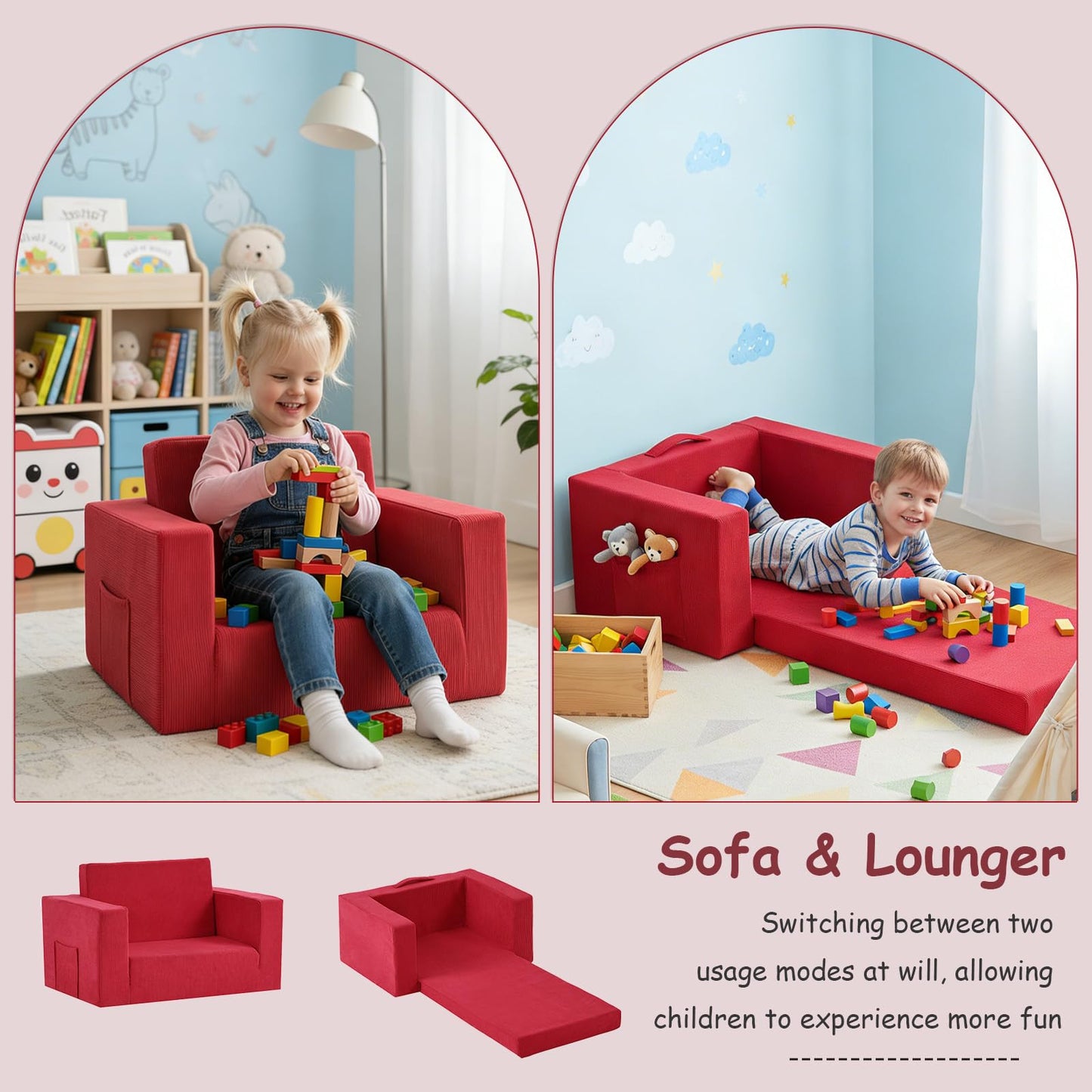 Tiita 2-in-1 Kids Sofa, Convertible Children Couch to Lounger, Flip Out Kids Chair, Toddler Armrest Chair Bed, Folding Kid Play Sofa for Girl or Boy, Corduroy Red