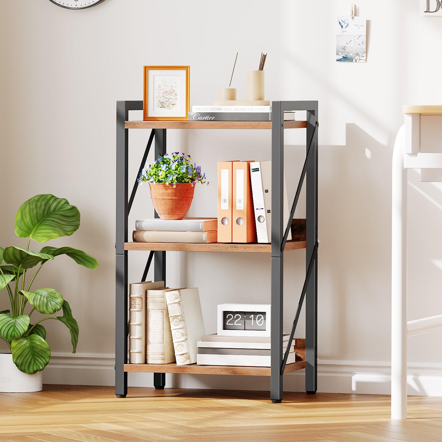 HOOBRO Bookshelf, 3-Tier Industrial Bookcase, Book Shelf Storage Organizer, Small Bookshelf with Metal Frame for Living Room, Bedroom, Home Office, Kitchen, Rustic Brown and Black BF71SJ01