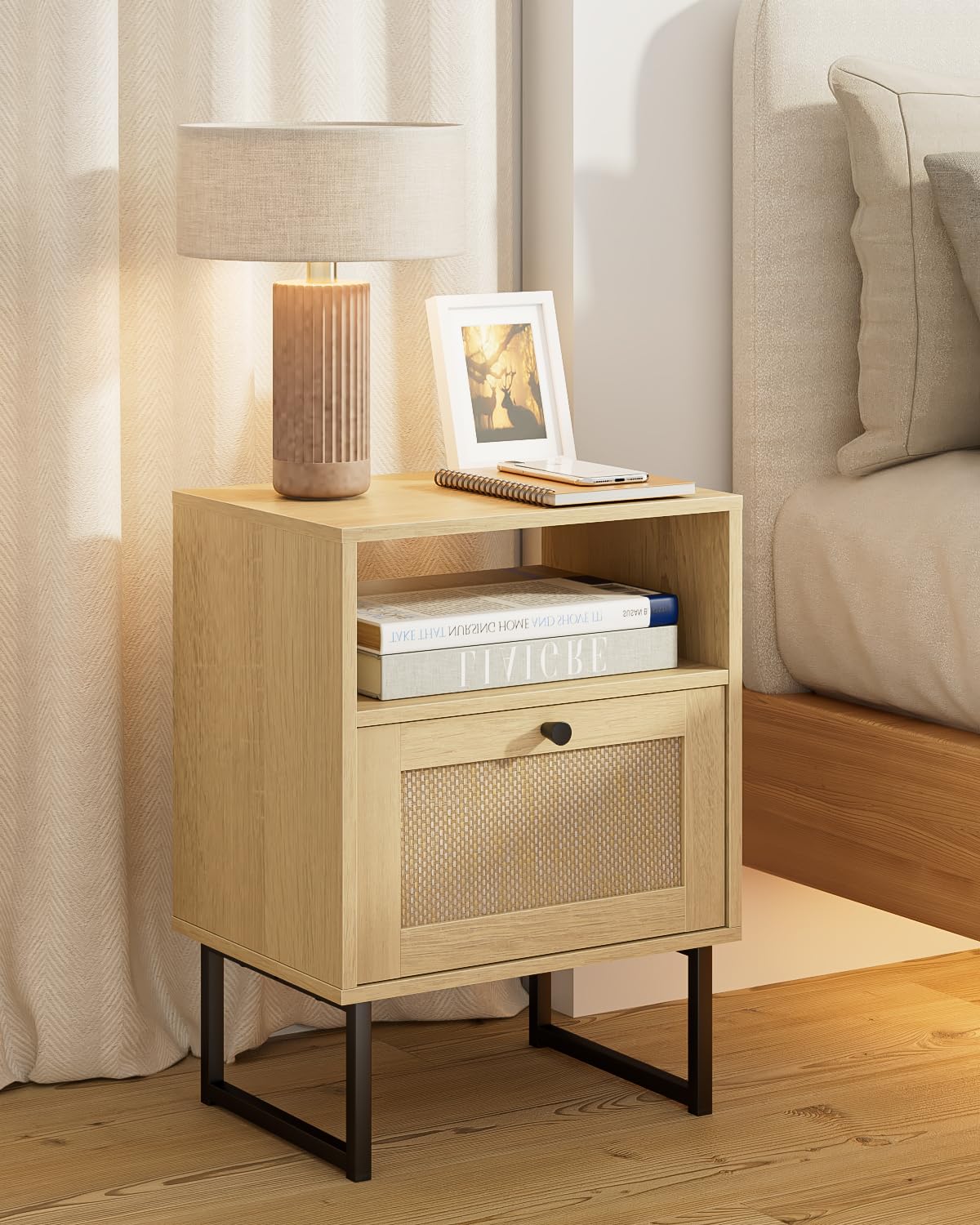 Apetaccat Rattan Nightstand, Boho Night Stand Farmhouse Wood Bedside Table with Storage and Open Shelf, End Side Accent Table for Bedroom,Living Room,Oak
